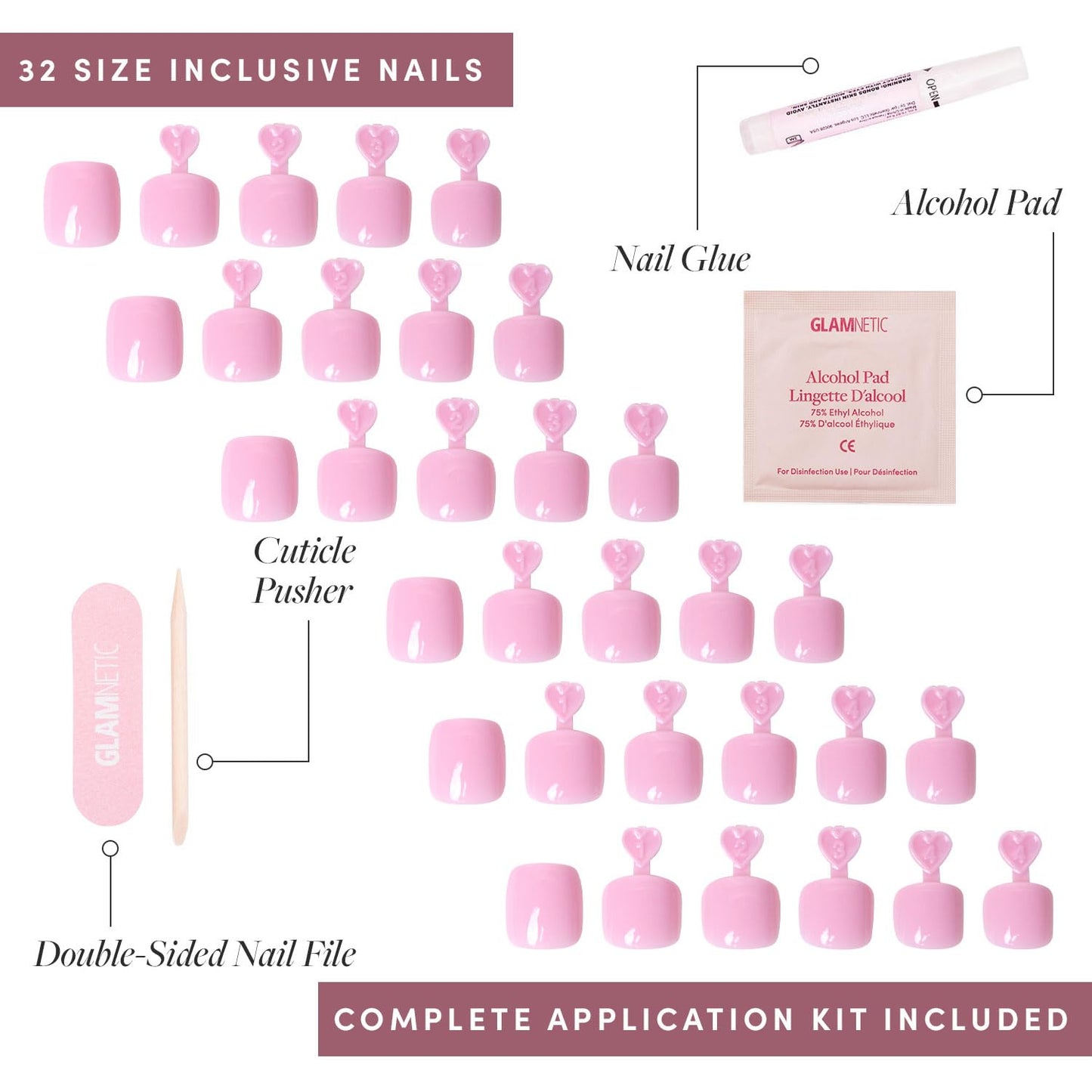 Glamnetic Press On Toenails - Think Pink | Solid Opaque Pale Pink Fake Toe Nails with a Glossy Finish | 16 Sizes - 32 Toe Nail Kit with Glue