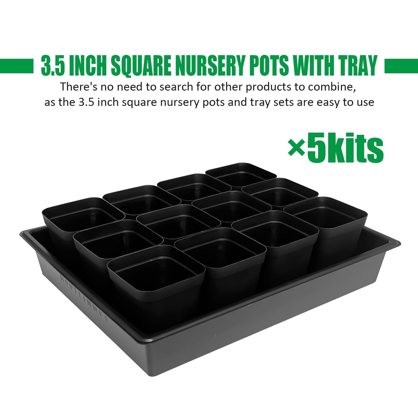 RooTrimmer 3.5 inch (9CM) Square Nursery Pots 60pcs, Sturdy Seedlings Trays 5 Pcs, Seeds Starter Germination Tray, Microgreenings Planter Nursery Propagation 5 Sets
