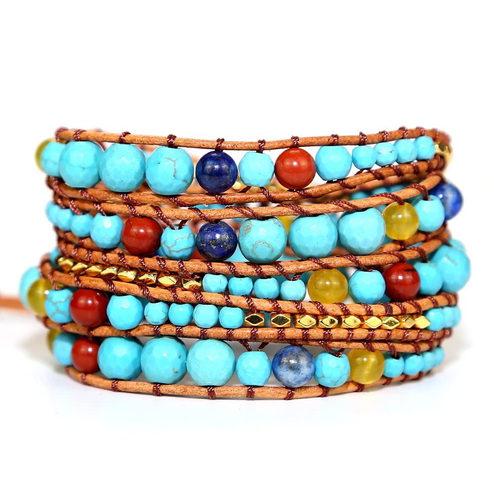 ZOSOJONA Handmade Boho Wrap Bracelet For Women Adjustable Nature Stone Turquoise Crystal Beaded Bracelets