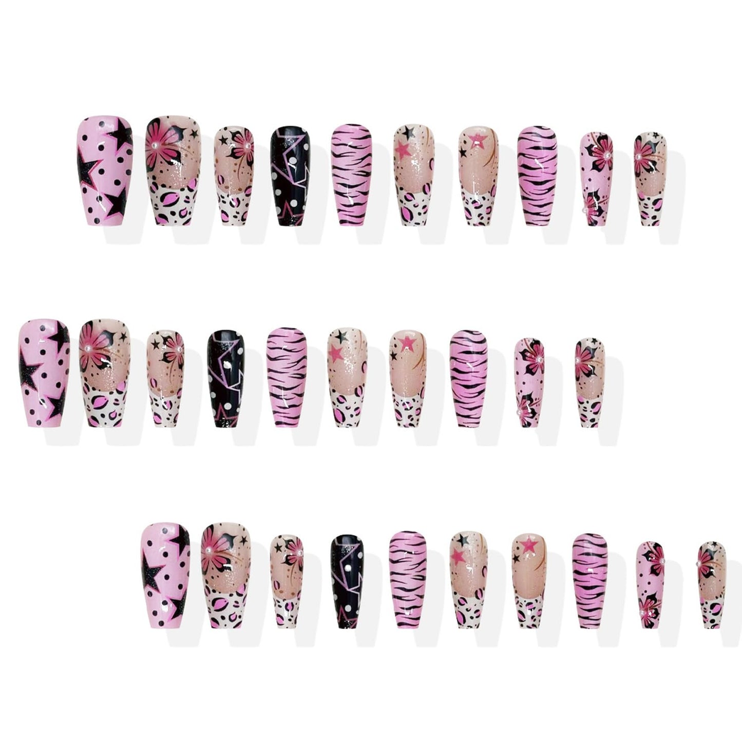 30Pcs Medium Press on Nails Square Fake Nails with 3D Pearl-decorated Y2K Style Five-Pointed Star Zebra Stripe Flower Design Glossy False Nails French Nail Tips Cute Stick on Nails for Women