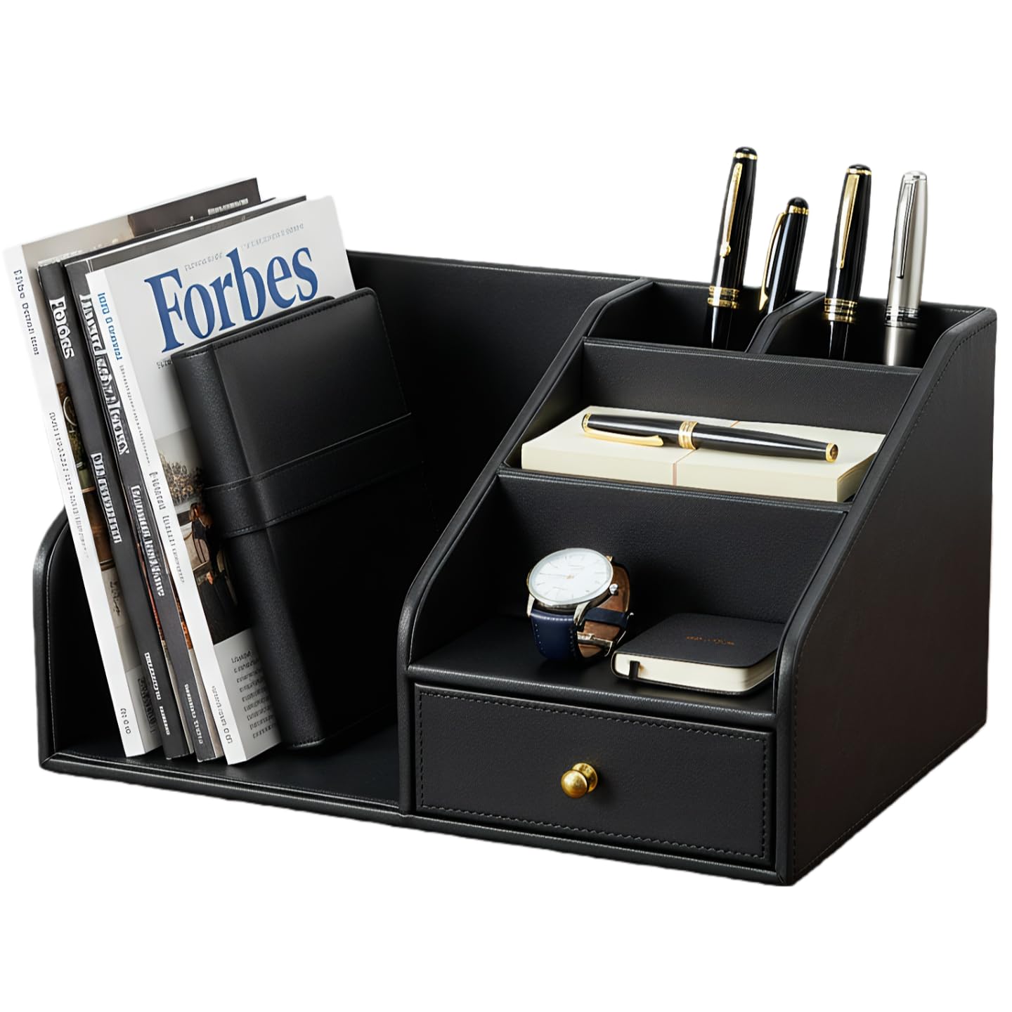 KINGFOM PU Leather Desk Organizer, Multifunction 6 Compartment Desk Organizers and Accessories for Office Supplies, Pen Pencil Holder/Book Mail Organizer Holder for Desk with Drawer(Black)