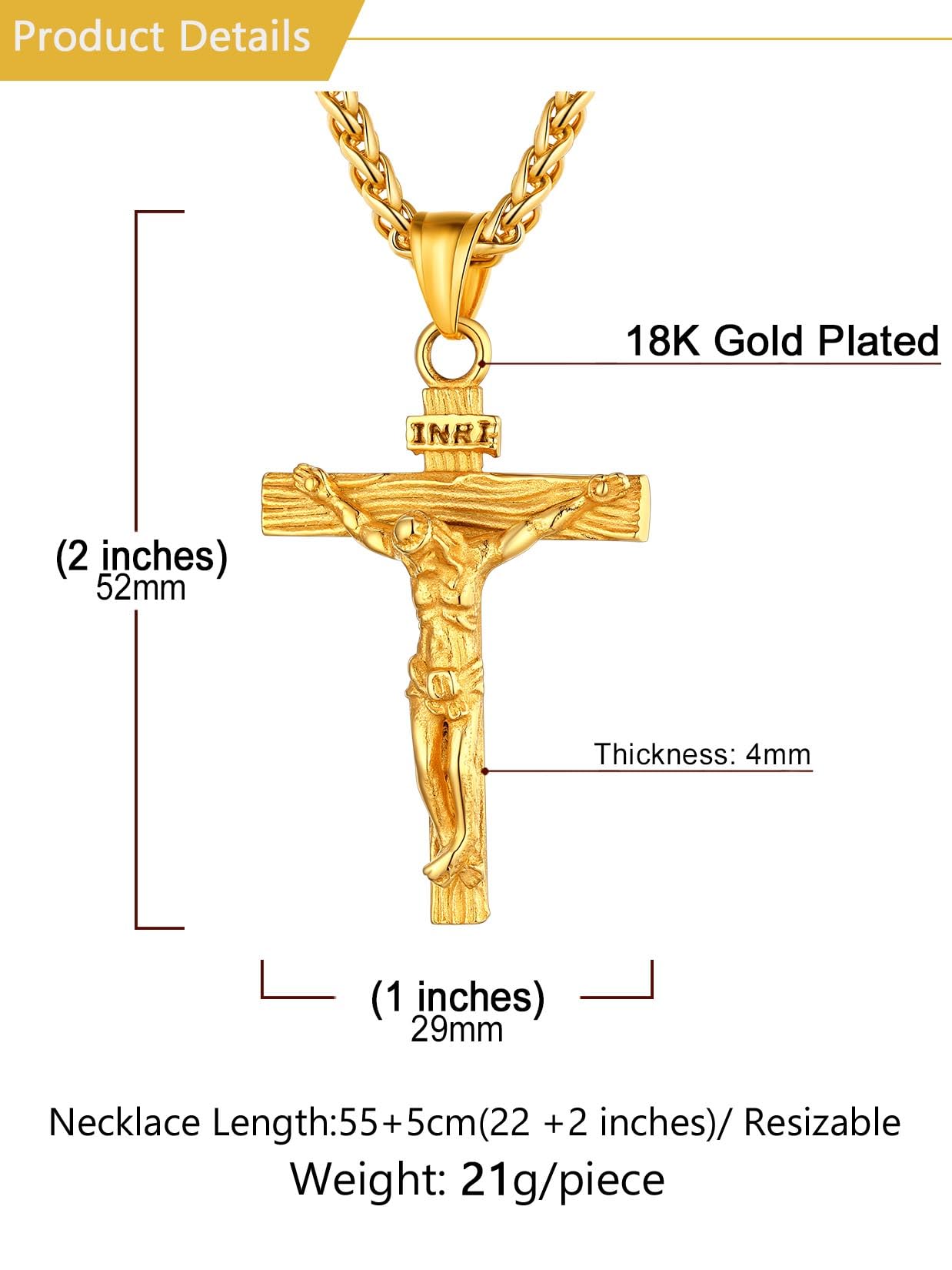 U7 Crucifix Cross Necklace 18K Gold Plated Crucifix Necklace Cross Pendant for Men with Rope Chain 24"(Gold)