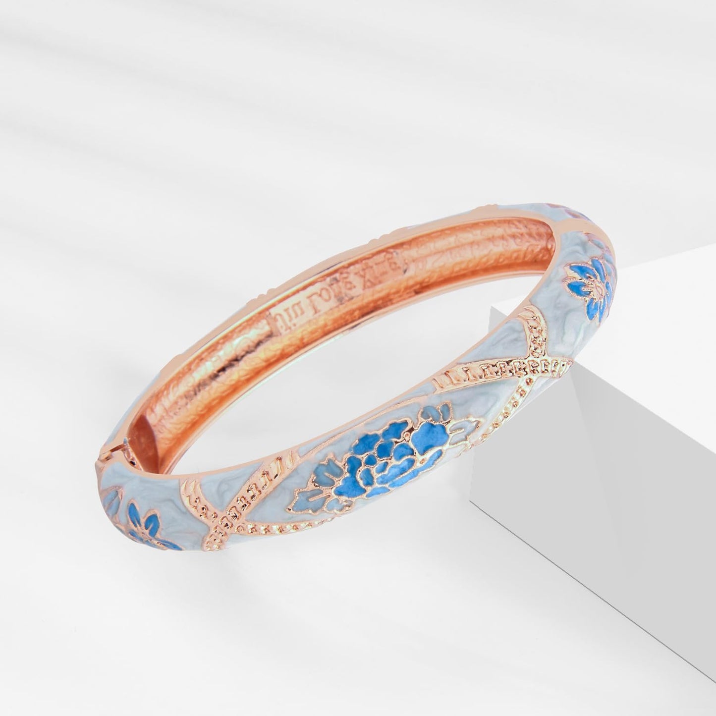 wynameleri Vintage Jewelry Cloisonne Handcrafted Enameled Gorgeous Rhinestone Flower Hinged Cuff Bracelet Bangles Gifts 88C11-55A128 Light Blue