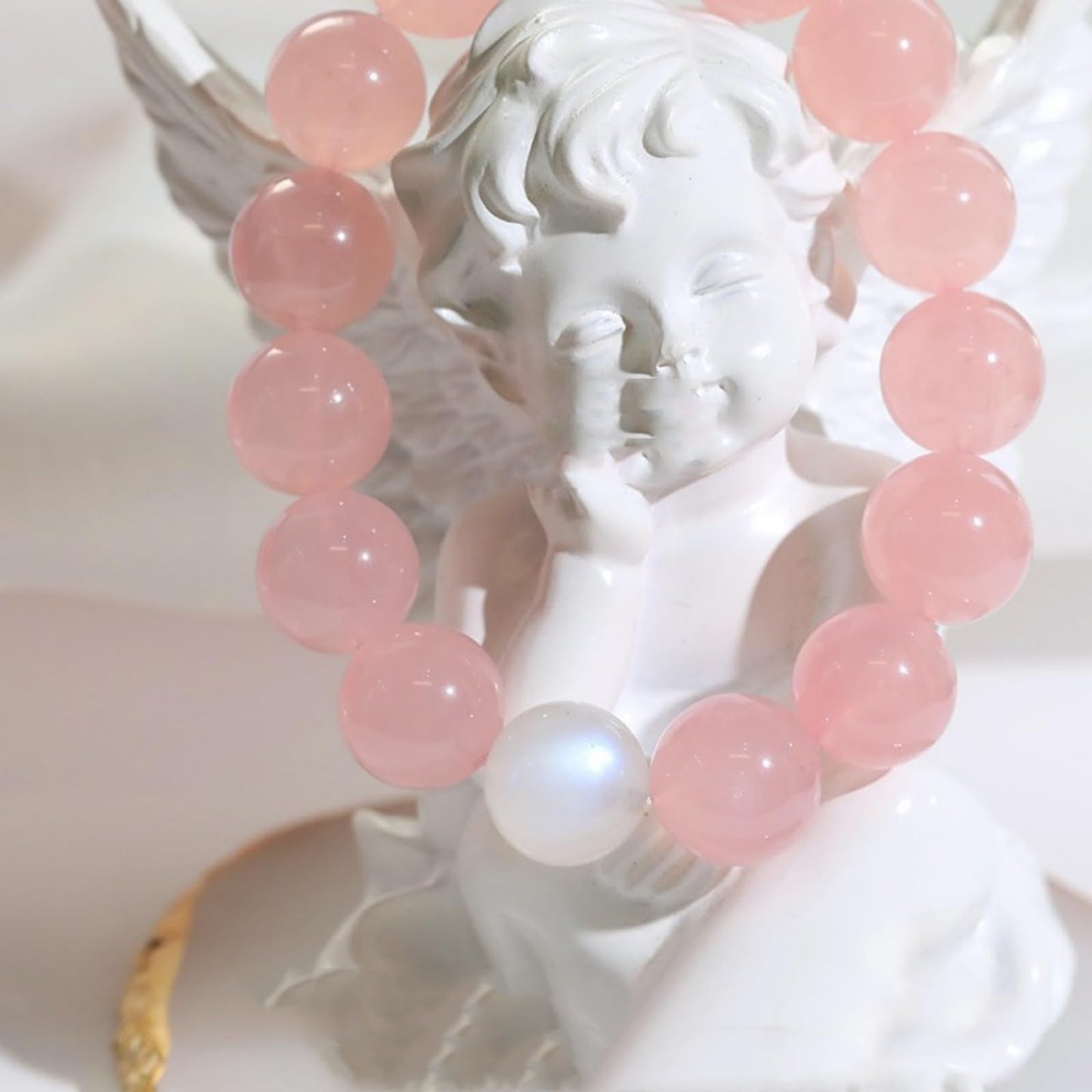 Pink Crystal Bracelets, 8mm Gemstone Bracelet Love Stone, Rose Stone Healing Crystal,Soothe Anxiety, Meditate, Relax, Enhance Emotional and Romantic Atmosphere (White moonligh pink, One Size)