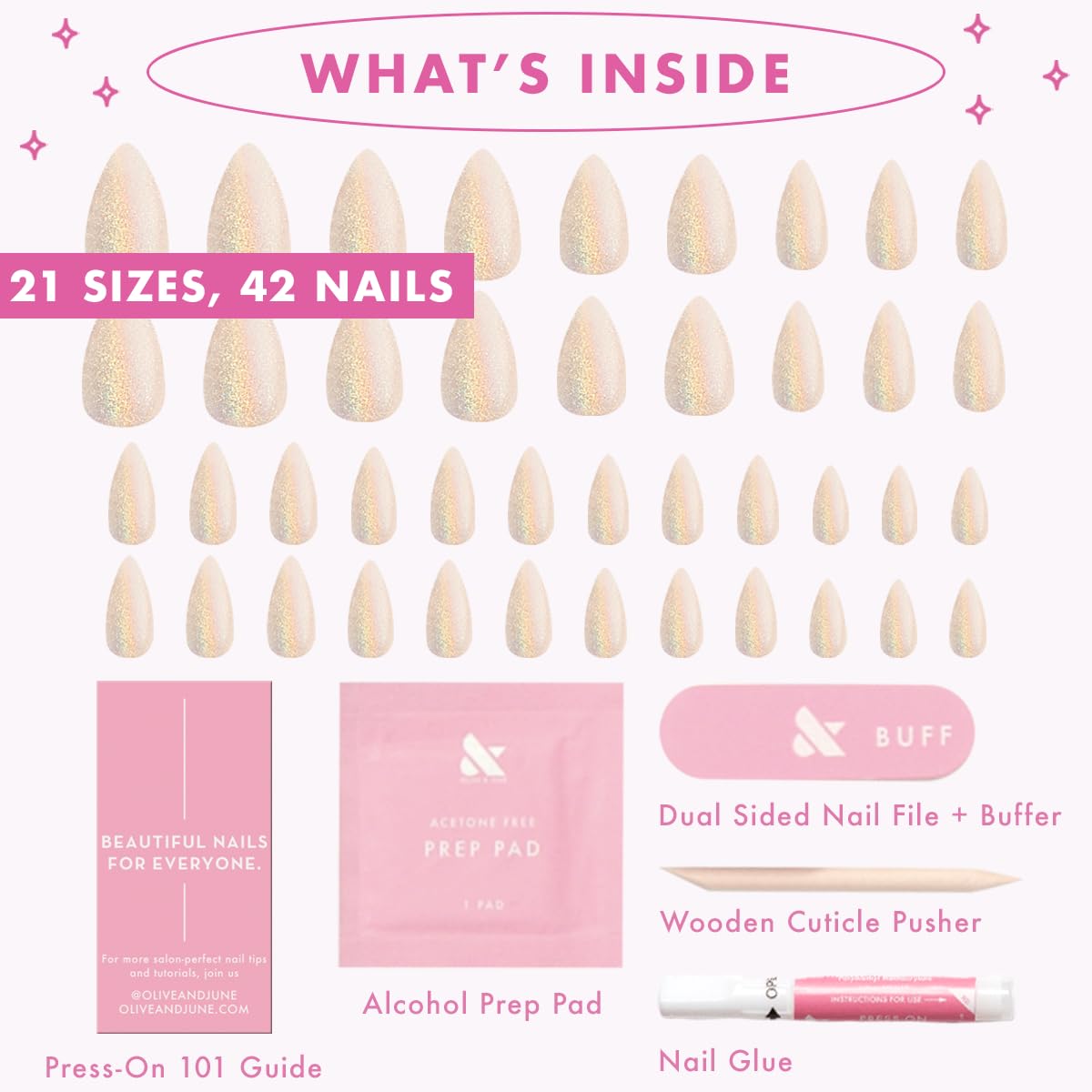 Olive & June Maximalist Instant Mani Press-On Nails (Glue) | 42 Fake Nails, 21 Sizes | Non-Toxic, Long-Lasting Big, Bold Gorgeous Realistic Look | Medium, Stiletto | Neutral Iridescent Velvet