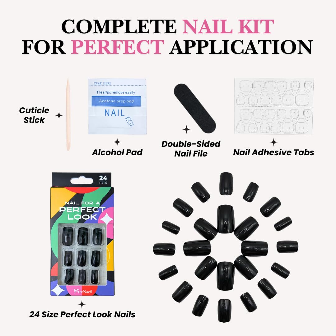 PerfectLook Press On Nails - Midnight Noir | No Glue Short Square Glossy Black Nail Tips for Party & Date Night - 24 Pcs Nail Kit with Adhesive Tabs