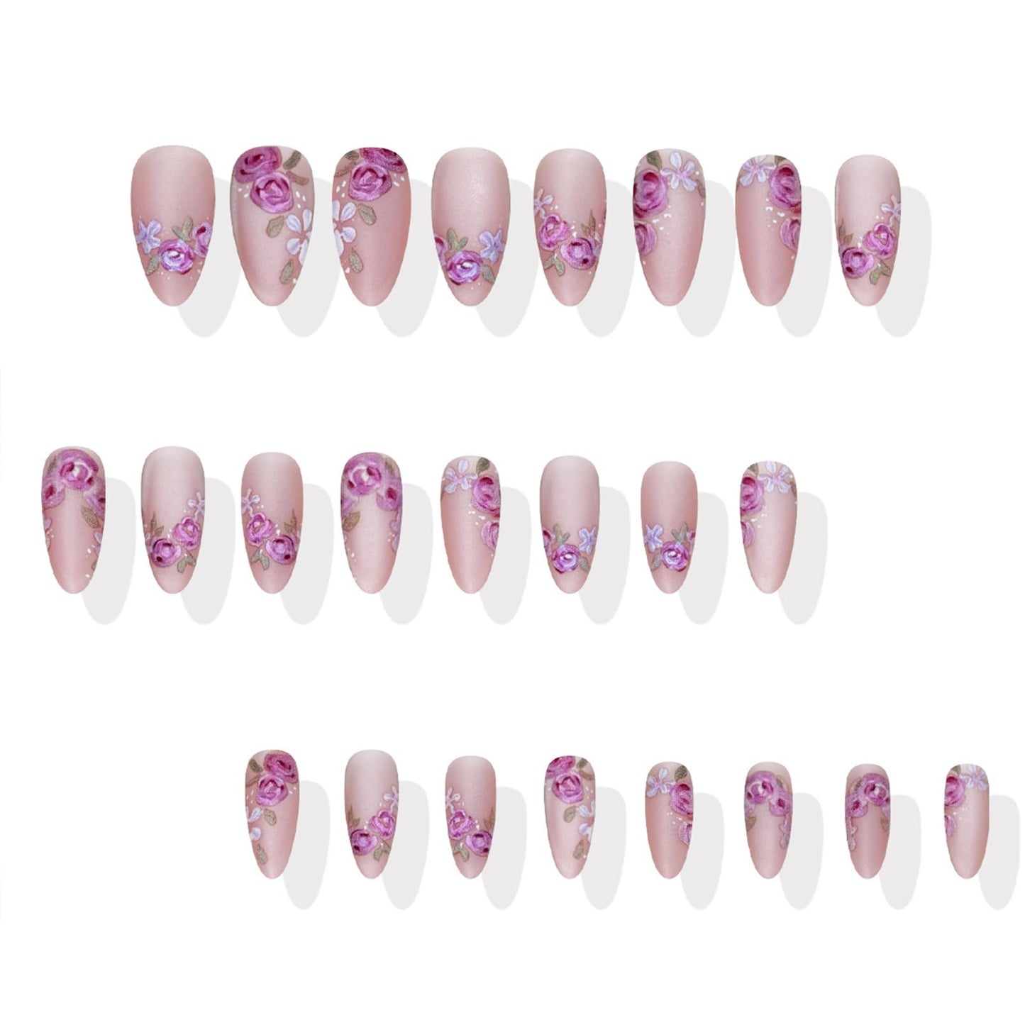 Spring Summer Press on Nails Almond Medium Fake Nails with Designs Pink Purple Flower Stick on Nail Matte Acrylic False Nail Cute Artificial Nail Full Cover Glue on Nails for Women 24Pcs