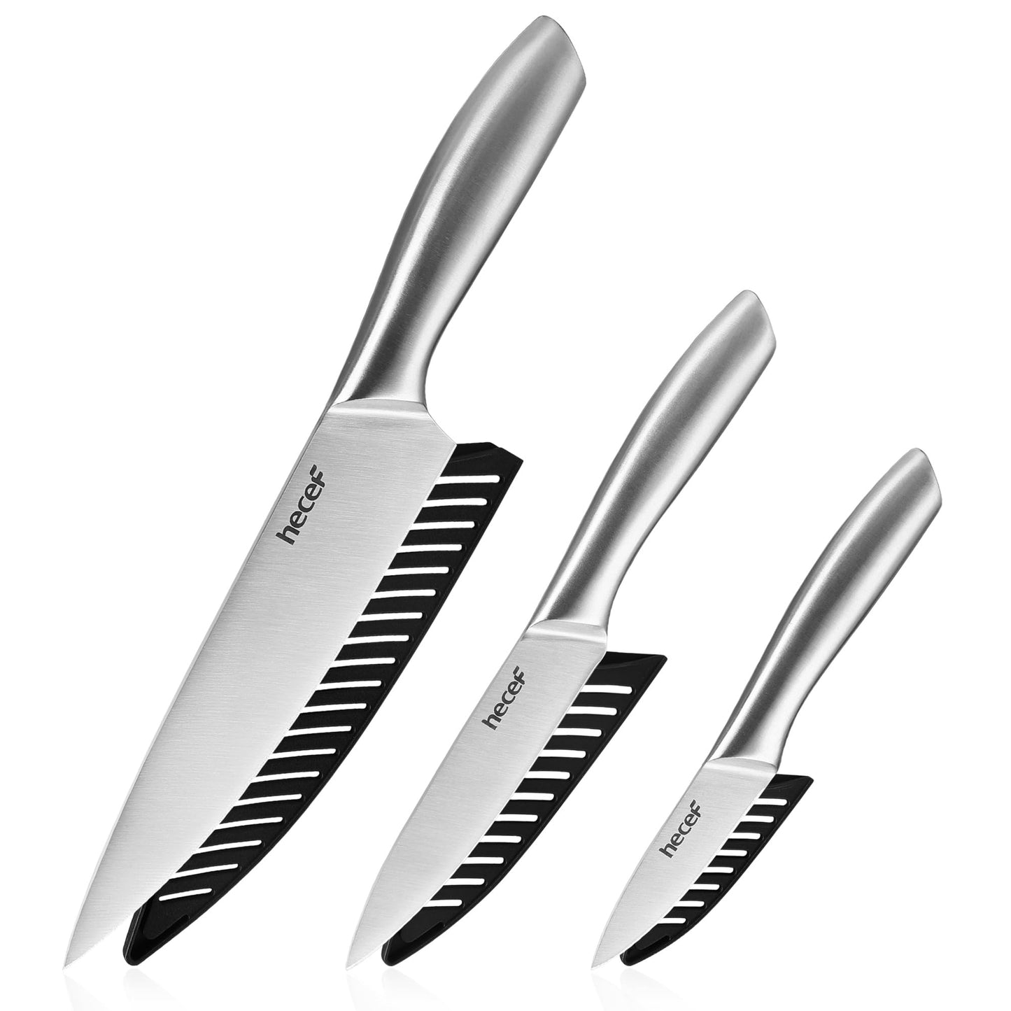 hecef Silver Kitchen knife set of 3, Satin Finish Blade with Hollow Handle, includes 8" Chef, 5" Utility and 3.5" paring knife