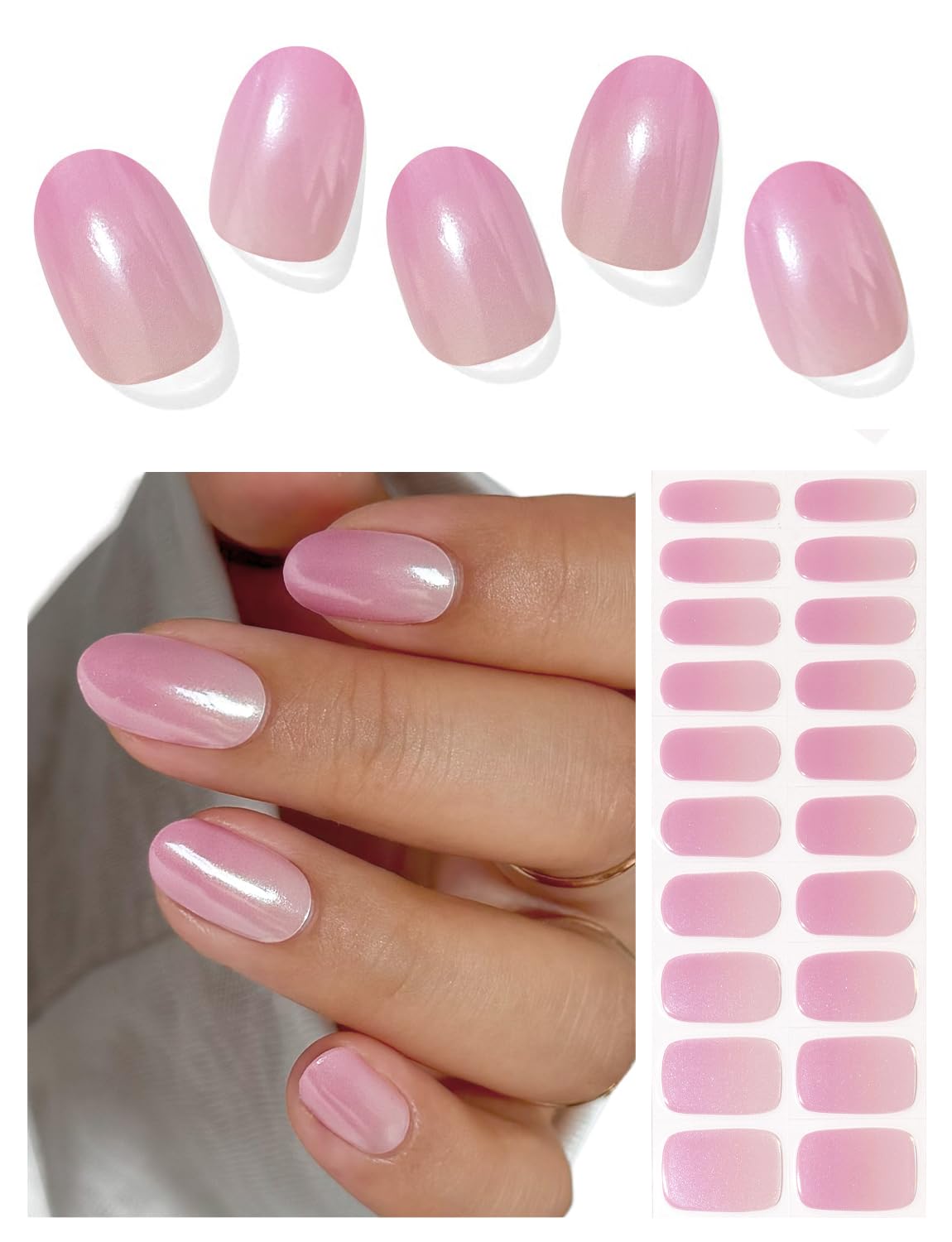 AutyaMee Semi Cured Gel Nail Strips (Glazed Ombre Pink),Chrome, Pearl, 20 Pcs Gel Nail Wraps, Stickers, UV Light Required