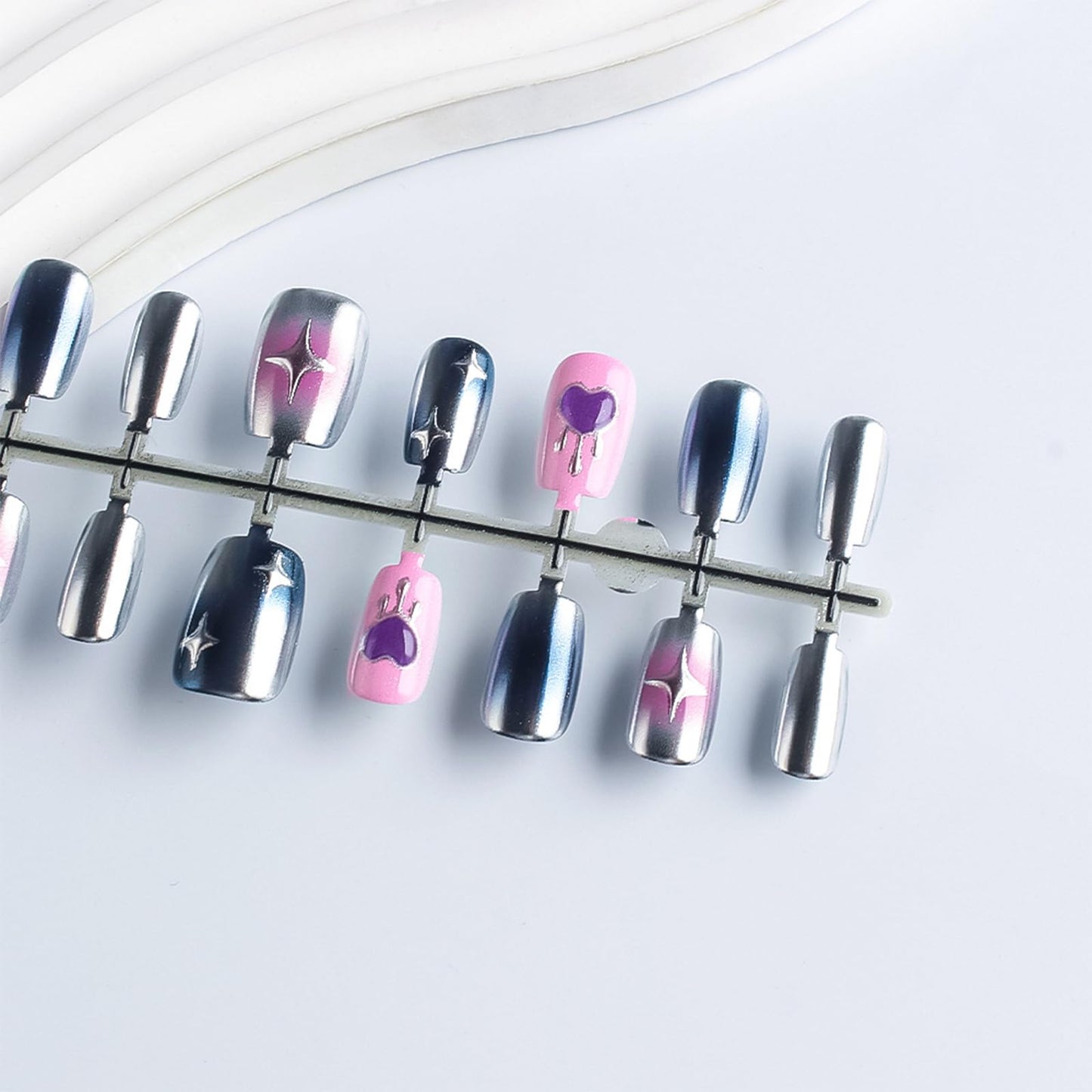 30Pcs Valentines Press on Nails Glossy Blue Aurora Powder Stick on Fingernails 3D Love Heart Acrylic Fake Nail Start Gel Glue on Nail Pink Gradient Short Square False Nails for Women Valentine's Gift