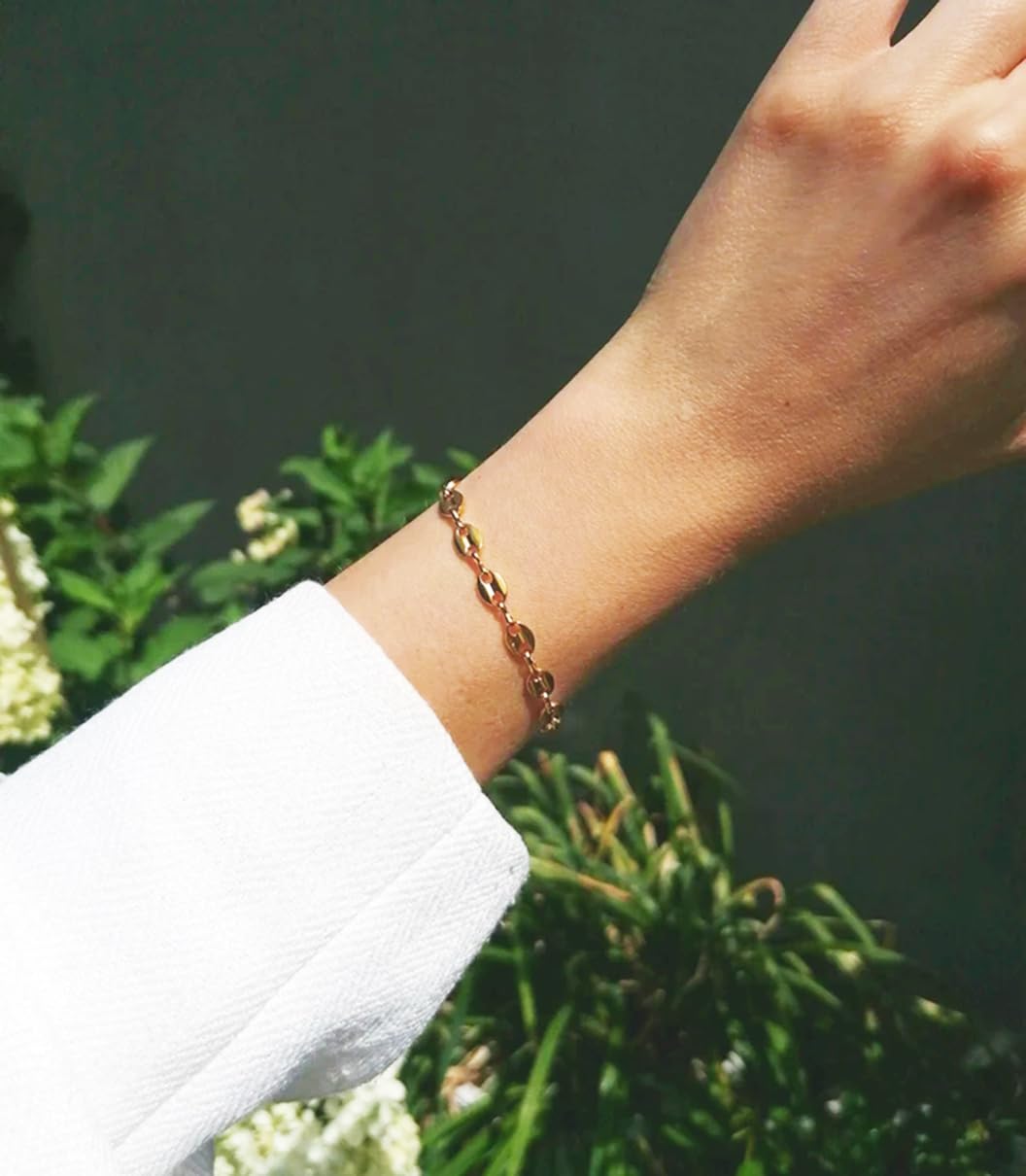 SOFYBJA Dainty 18K Gold Pig Nose Coffee Bean Link Chain Bracelet for Women Personalized Adjustable Bracelet Layered Jewelry
