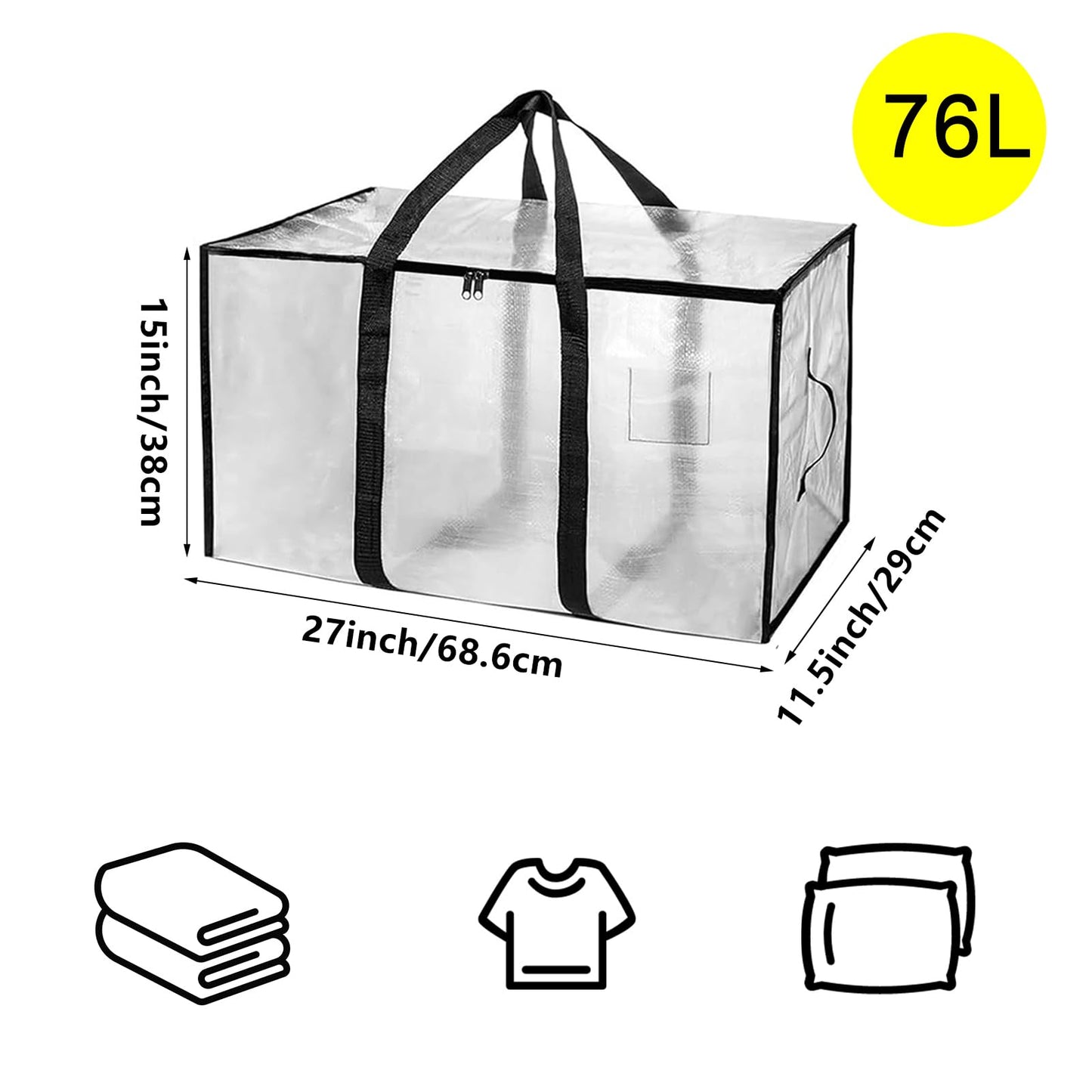 4-Packs Extra Large Heavy Duty Moving Bags, Waterproof Storage Totes with Handles & Zippers Storage Bags Totes for Clothes Packing, Dorms, College Supplies, Space Saving, Clear