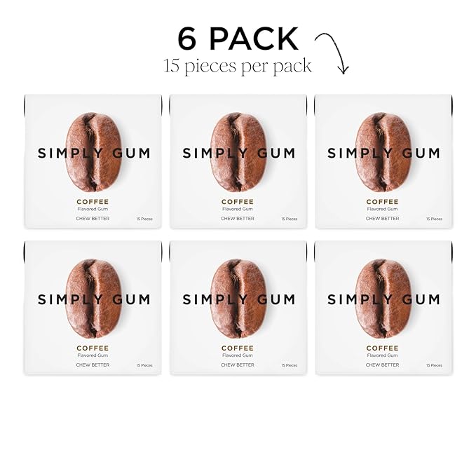 SIMPLY Gum Coffee, Plastic-Free Natural Chewing Gum, 6 Pack (90 Pieces) | Vegan, Kosher, Non GMO, Aspartame Free and Sorbitol Free
