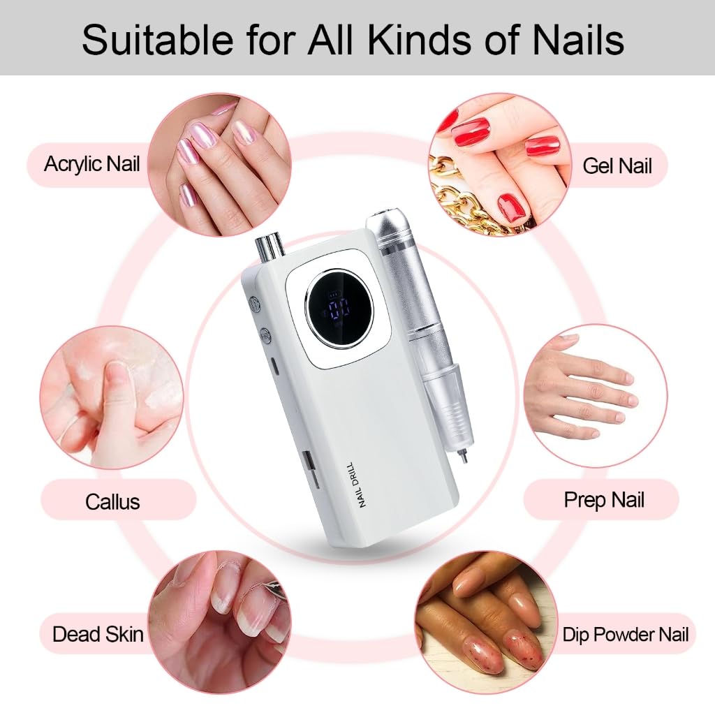 URTERYSER Nail Drill Machine, Electric Files Rechargeable Drill 45000RPM Drill Machine for Acrylic and Gels Nails Electric Manicures (Pink)