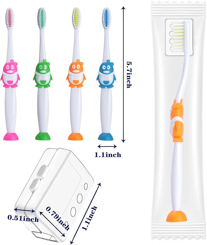 100 Pack Kids Toothbrush Soft Bristles Toddler Cute Toothbrush Bulk with Suction Cup, Includes Travel Covers, Individually Wrapped Toothbrushes for Kid Home School Daycare Camp (Penguin)