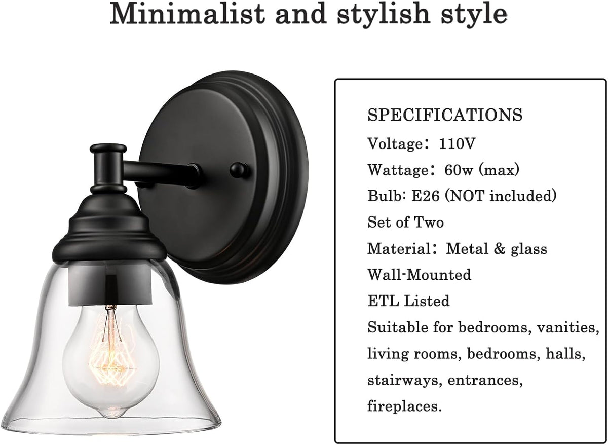 Moder 1-Light Black Wall Sconce Clear Glass Bell Shape Light Fixtures for Farmhouse, Bathroom, Living Room, Stairway Set of 2