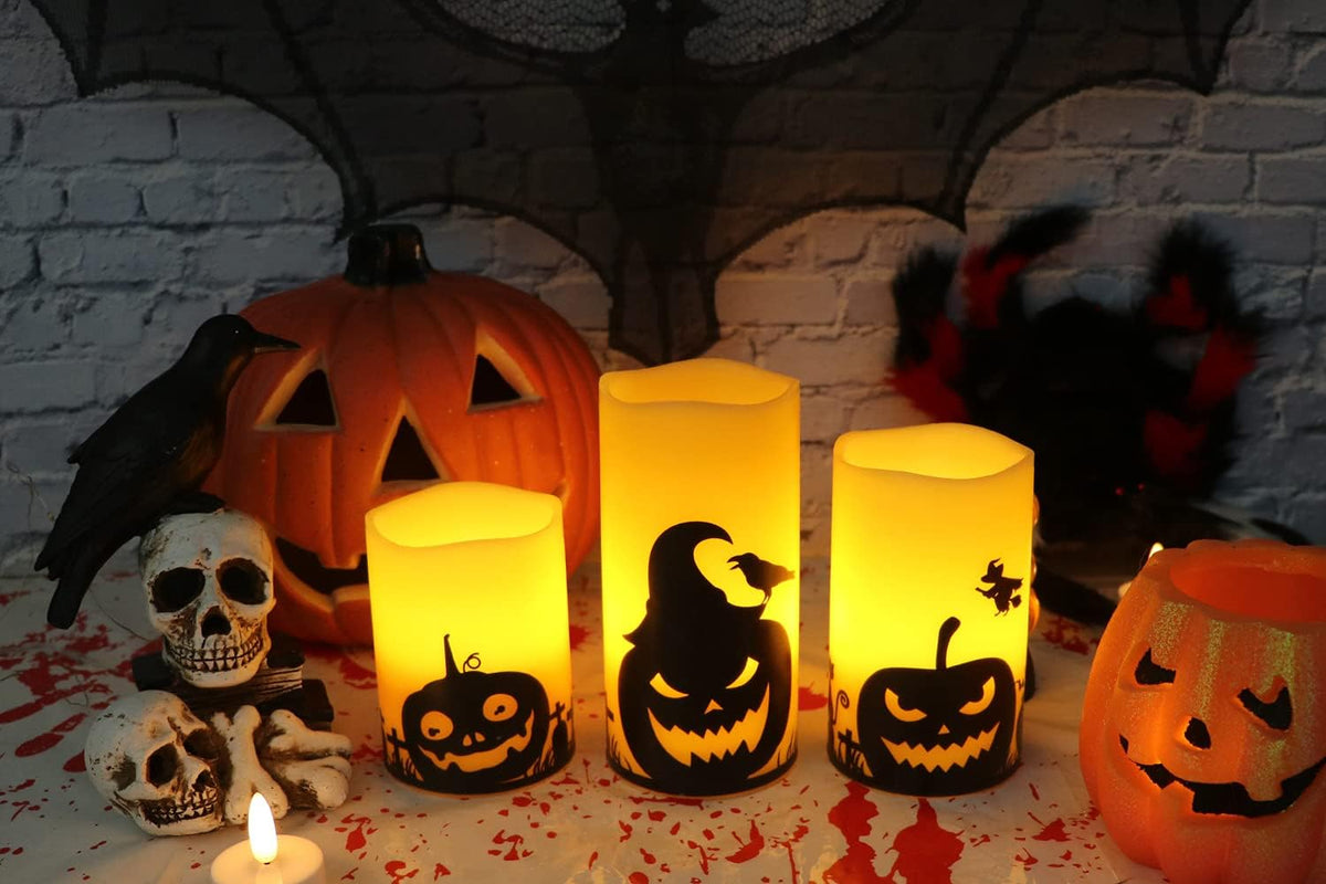 GenSwin Halloween Pumpin Flameless Candles, LED Battery Operated Pillar Pumpkin Candles with 6H Timer, 3 Pack LED Flickering Candles for Fall Spooky Halloween Decoration(D3 xH4 5" 6")