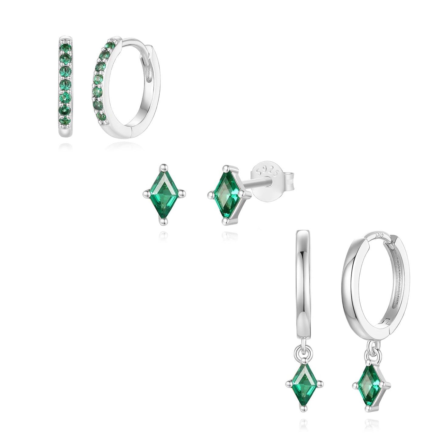 Sterling Silver Hoop Earrings Set for Women, Dainty Green Huggie Dangle Earring, Small Hypoallergenic Silver Earring Stacks for Multiple Piercing, Emerald Green Earring for Women Trendy