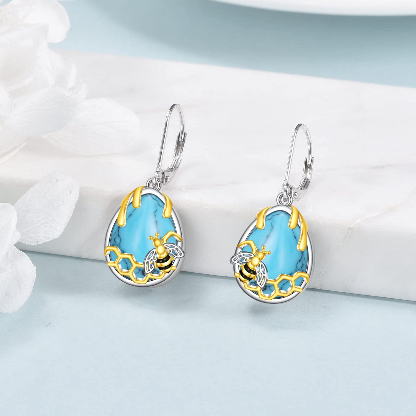 YFN Honeycomb Bee Turquoise Earrings 925 Sterling Silver Teardrop Dangle Hypoallergenic Leverback Earring for Women