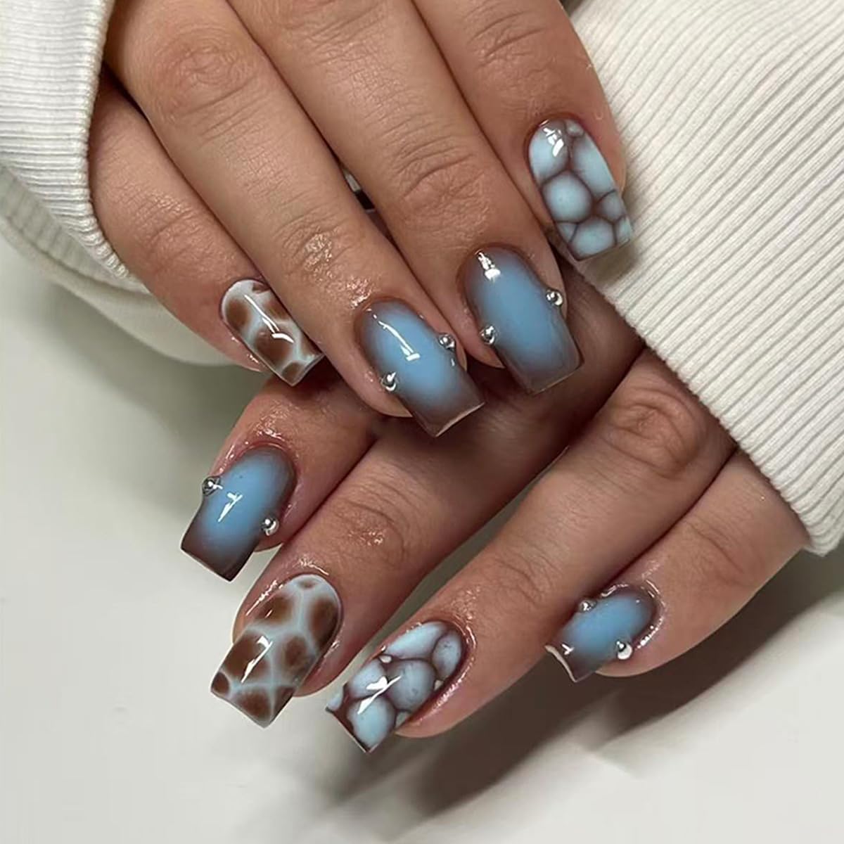 plalely Square Press on Nails Medium Blue Fake Nail Turtle Print Acrylic Nail Press ons With 3D Charm Stick on Nail for Women 24pcs