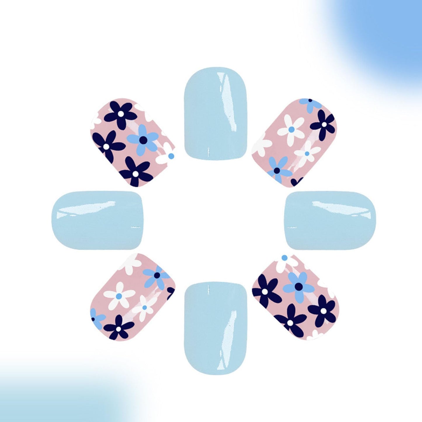 Short Press on Nails Square Fake Nails with Flower Designs Blue Nails Press ons Glossy Glue on Nails Spring Acrylic Nails Nude False Nails Artificial Stick on Nails for Women 24Pcs