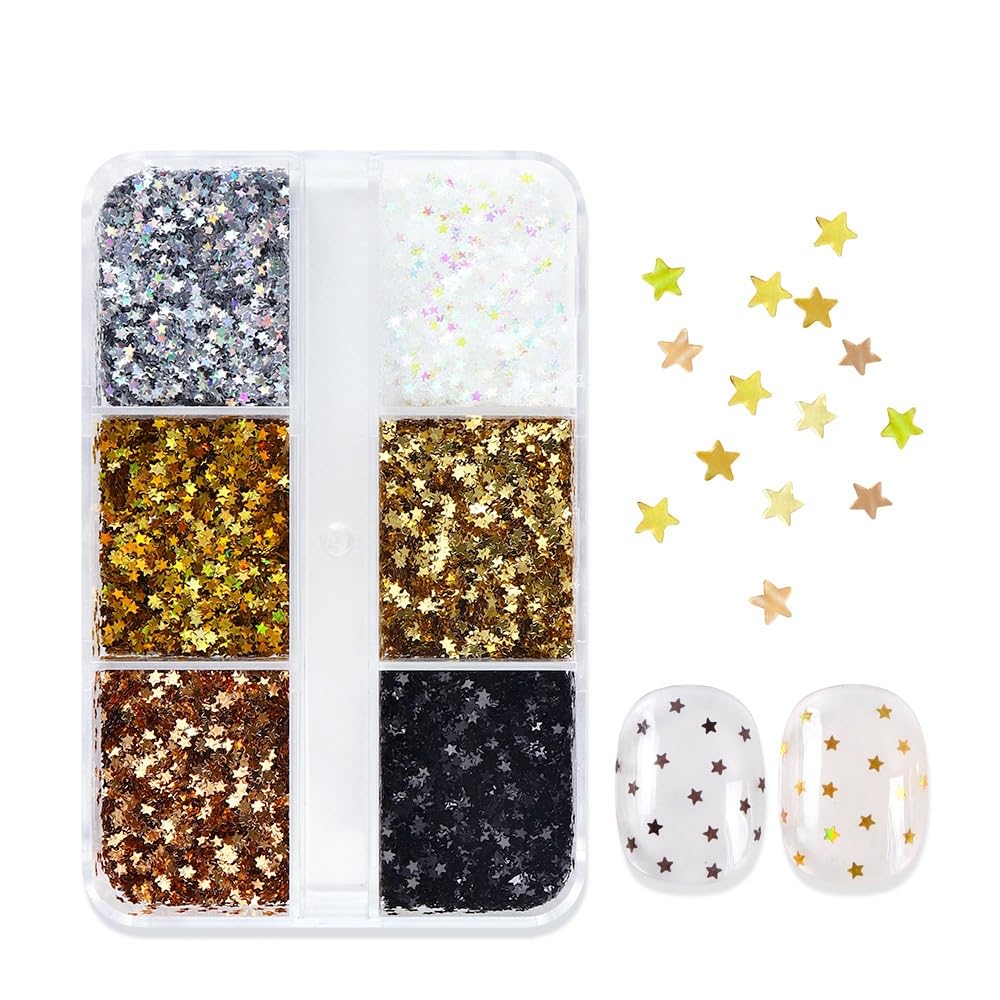 1 Box 6 Color Holographic Tiny Star Nail Glitter Laser Gold Nail Sequins 3D Laser Silver Nail Flakes Sparkly Glitter Flakes Shiny Nail Glitter Champagne Nail Sequins Glitter for Nails Art 6 Grids