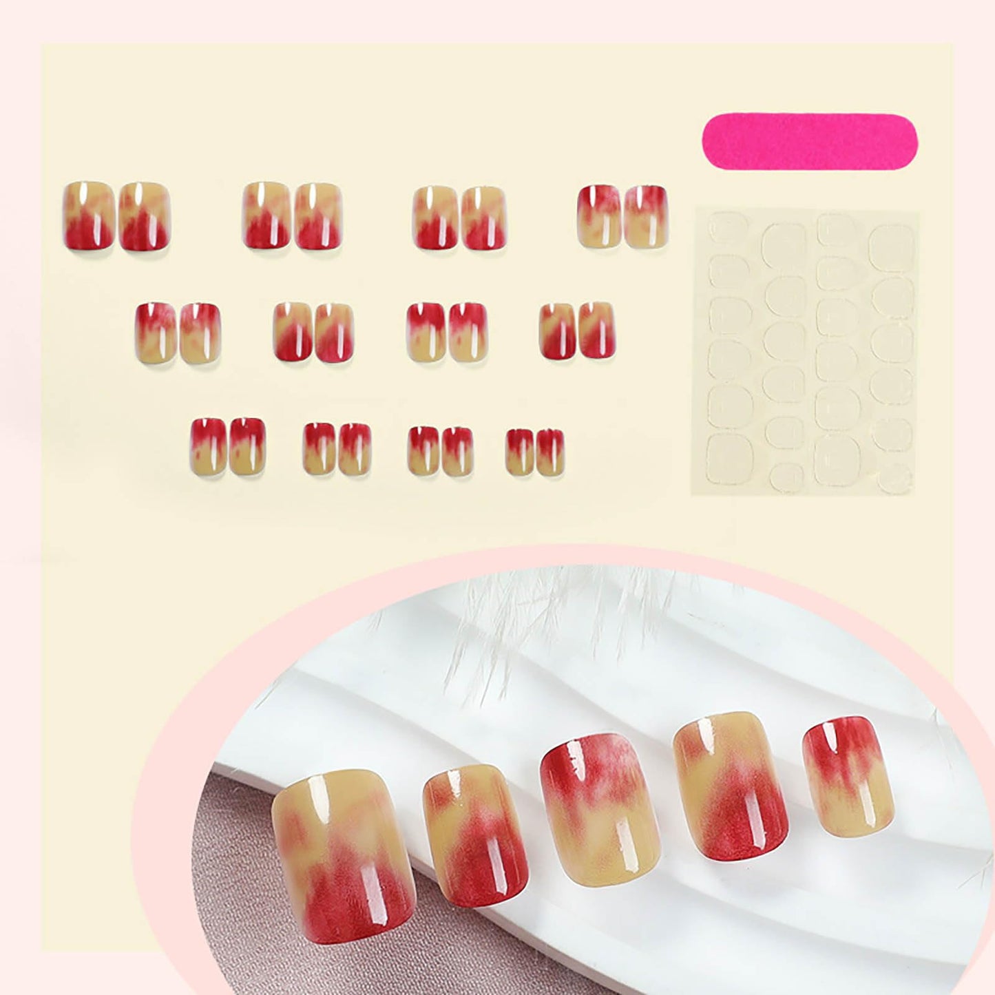 Rilafuvu Press on Nails Extra Short Square Fake Nails Spring Summer Peach Ombre Acrylic Nail with Designs Full Cover False Nails Glossy Nails Press Ons Short Stick on Nail for Women24Pcs