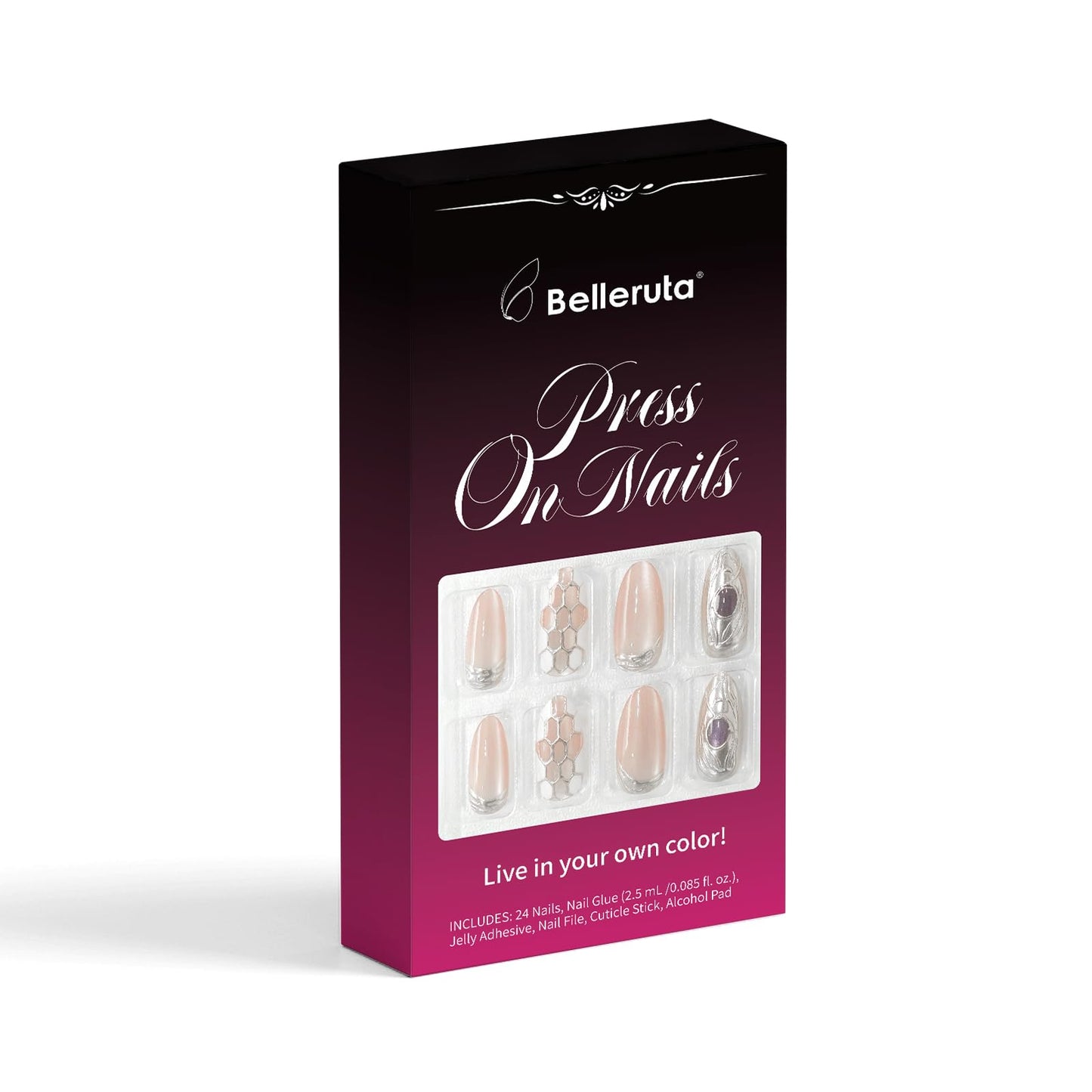 Belleruta Press On Nails Kit, Exquisite Rose Gold Gemstone, Short Almond Fake Nail Tips, 30 PCS Nails Press Ons with Glue and Gel
