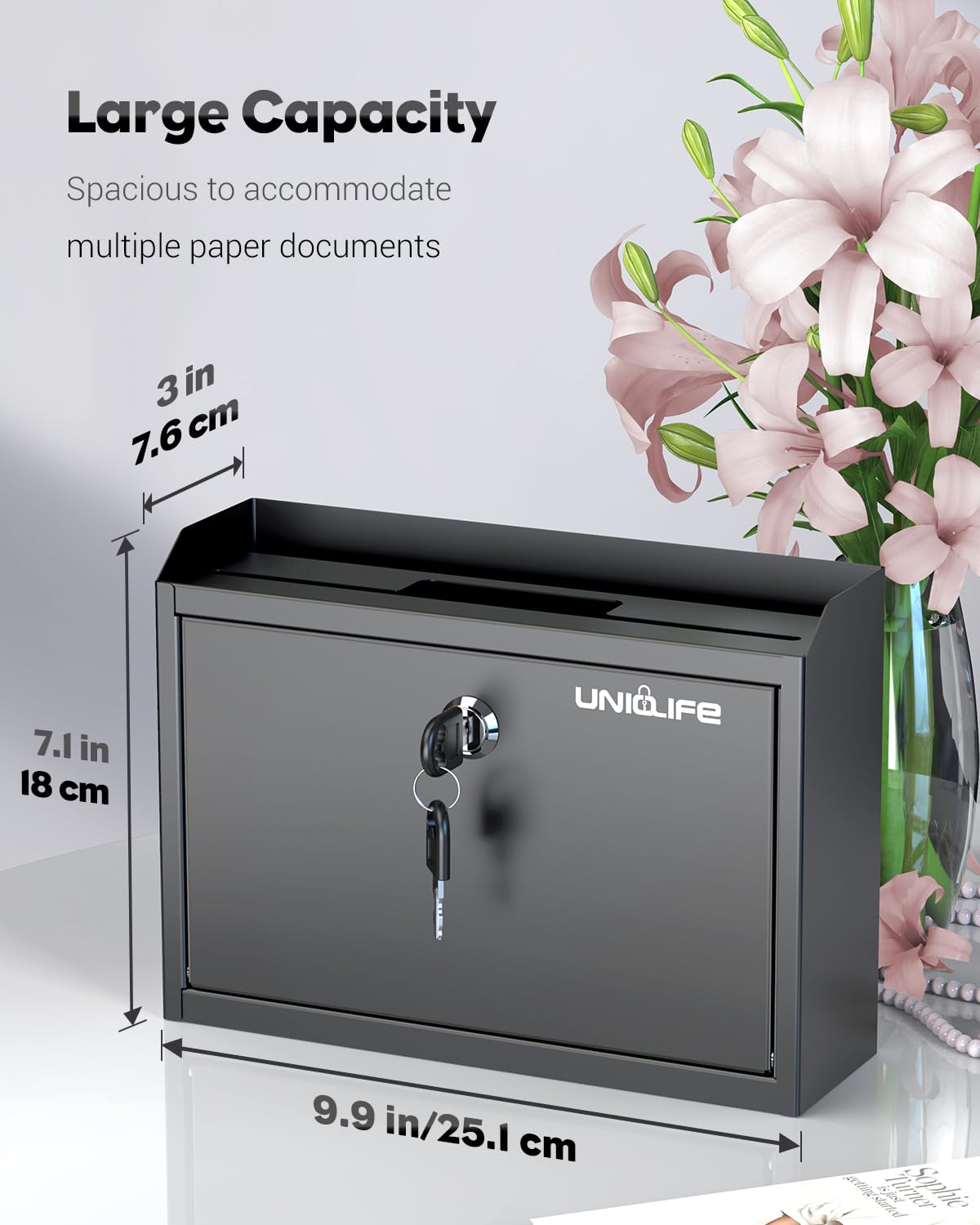 Uniclife Wall Mounted Mailbox with Key Lock & Newspaper Holder, Suggestion Box with Top Slots, Key Drop Box, Safe Lock Box, Metal Donation Box, Ballot Box for Office Business Activity