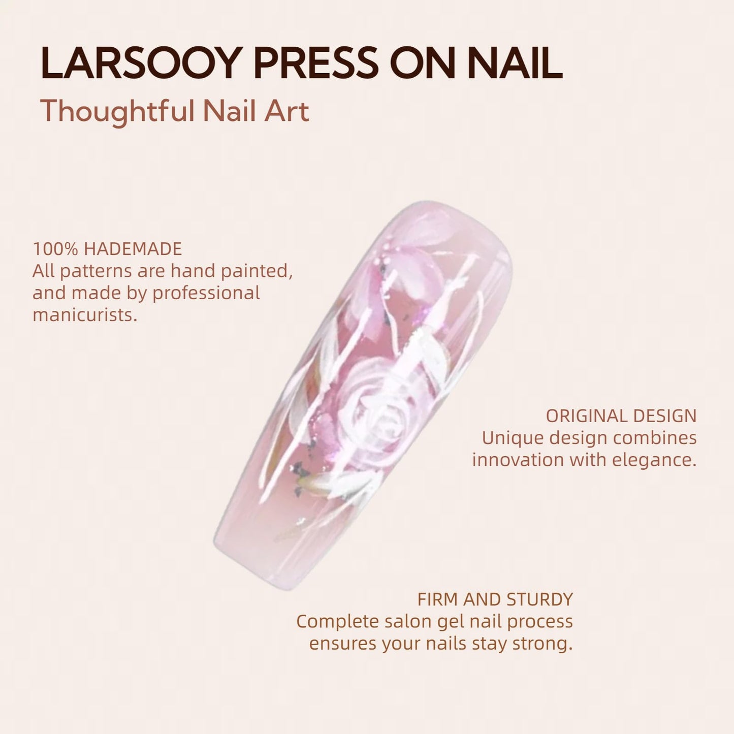 LARSOOY Nails Handmade Press on Nails Long Coffin | Handmade nails with flowers | Reusable hand painted Nails with Design | False Nails 10 Pcs (Rosa Multiflora, M)