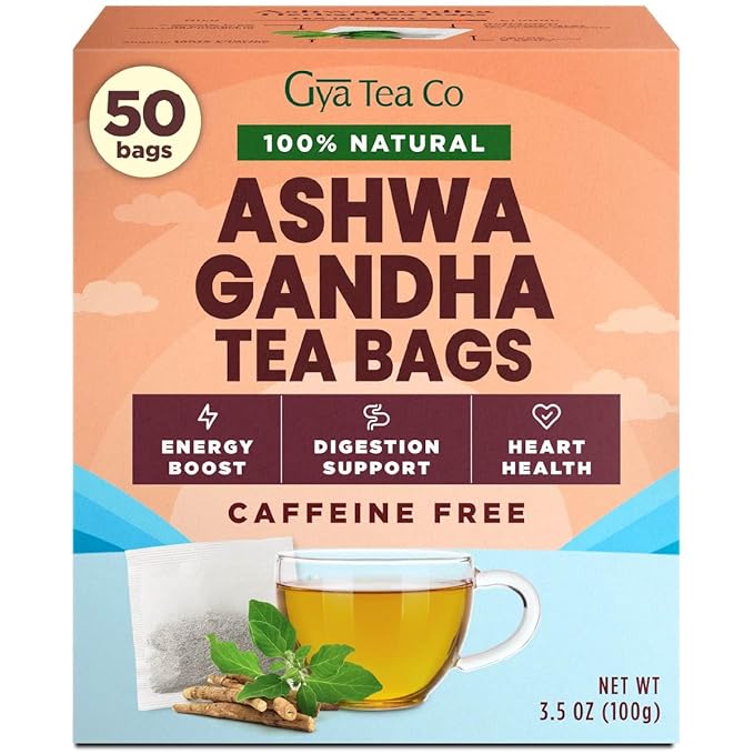 Gya Tea Co Ashwagandha Herbal Tea Bags (50 Bags) - Caffeine Free with a Tangy Flavor for All Day Comfort, Calming, Relaxing & Nourishing - Fruit & Herbal Blends