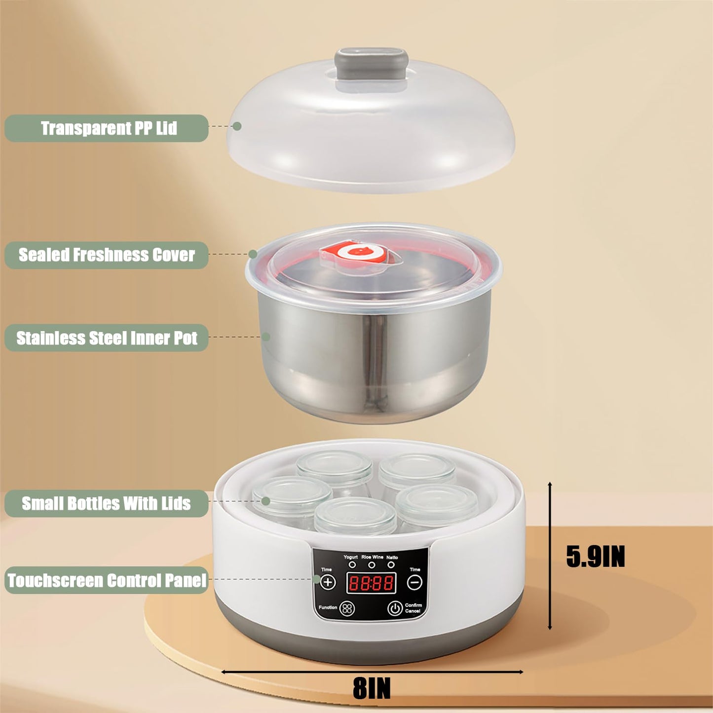 Yogurt Maker Machine 36 Hour, Probiotic Yogurt Maker with Temperature Control and 36 Hour Timer, 1.2L Yogurt Machine with LCD Display, Multi-Function Yogurt Machine for Home Use (Without 5 Cups)