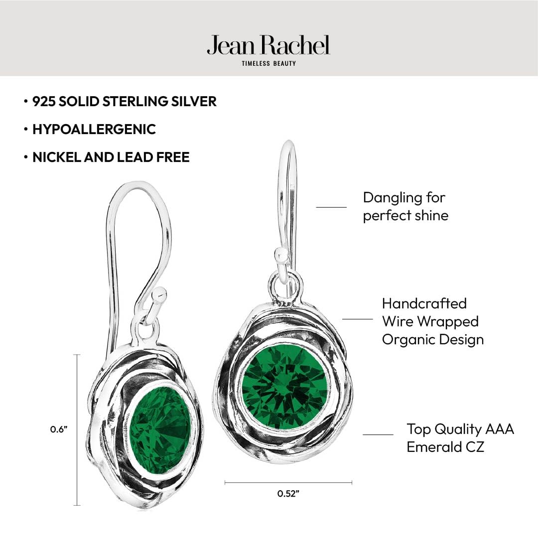 JEAN RACHEL JEWELRY 925 Sterling Silver Dangle Earrings for Women -Wire Wrap with Bezel Set Cubic Zirconia Vintage Design-Hypoallergenic Lead&Nickel Free Artisan Handcrafted Statement Earrings,Emerald
