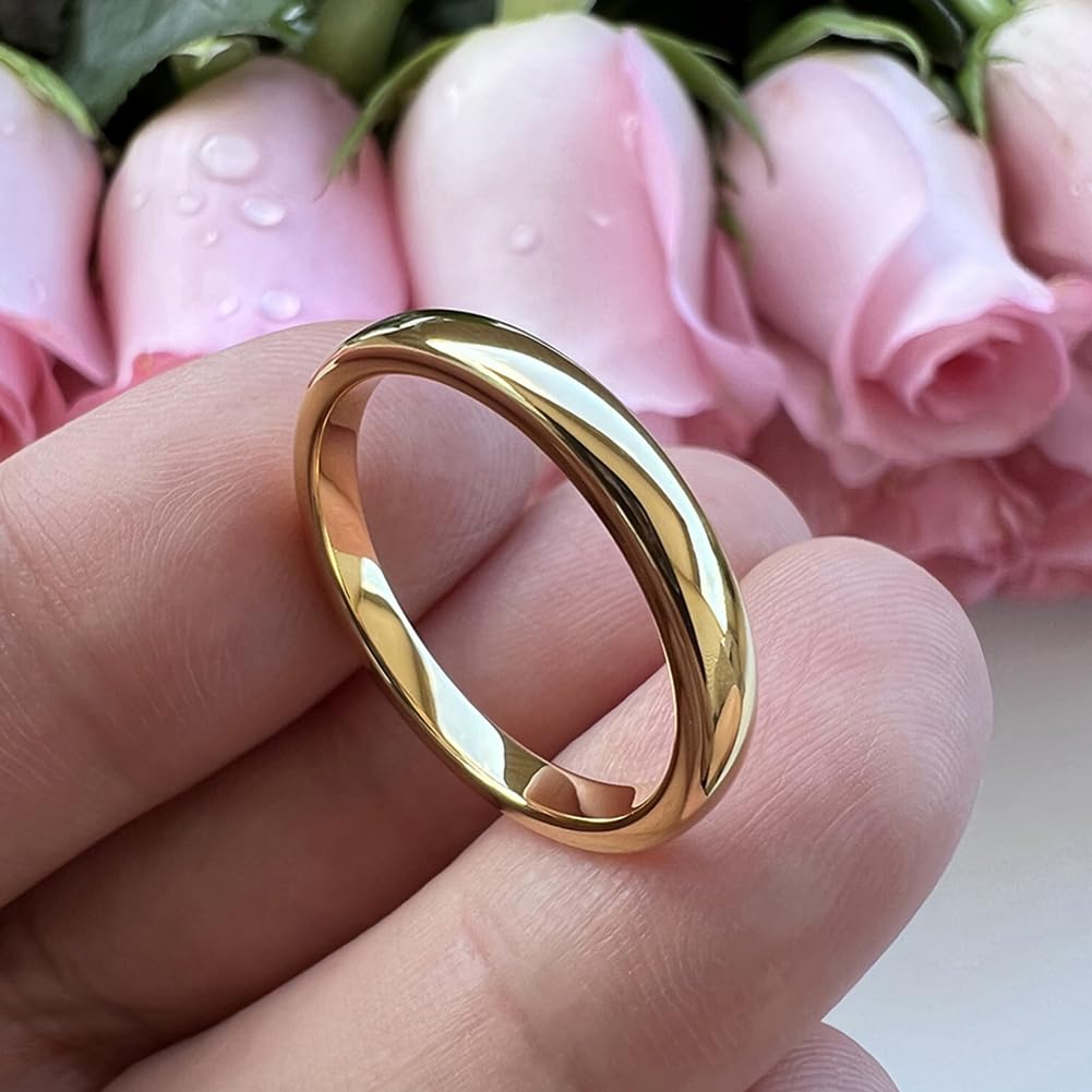 TUTISS 3mm Gold Tungsten Rings for Women Men Engagement Wedding Bands Domed Polished Comfort Fit Size 10
