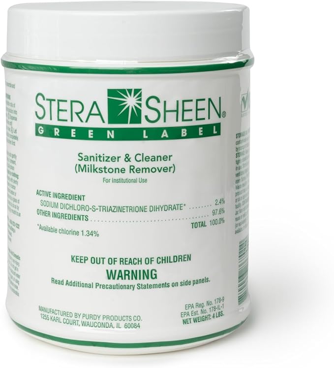 STERA SHEEN GREEN LABEL Sanitizer + Cleaner + Milkstone Remover | Cleaner and Sanitizer for Soft Serve + Shake Machines + Ice Maker and Ice Machines | By Purdy Products, 1 count 4 lb Jar