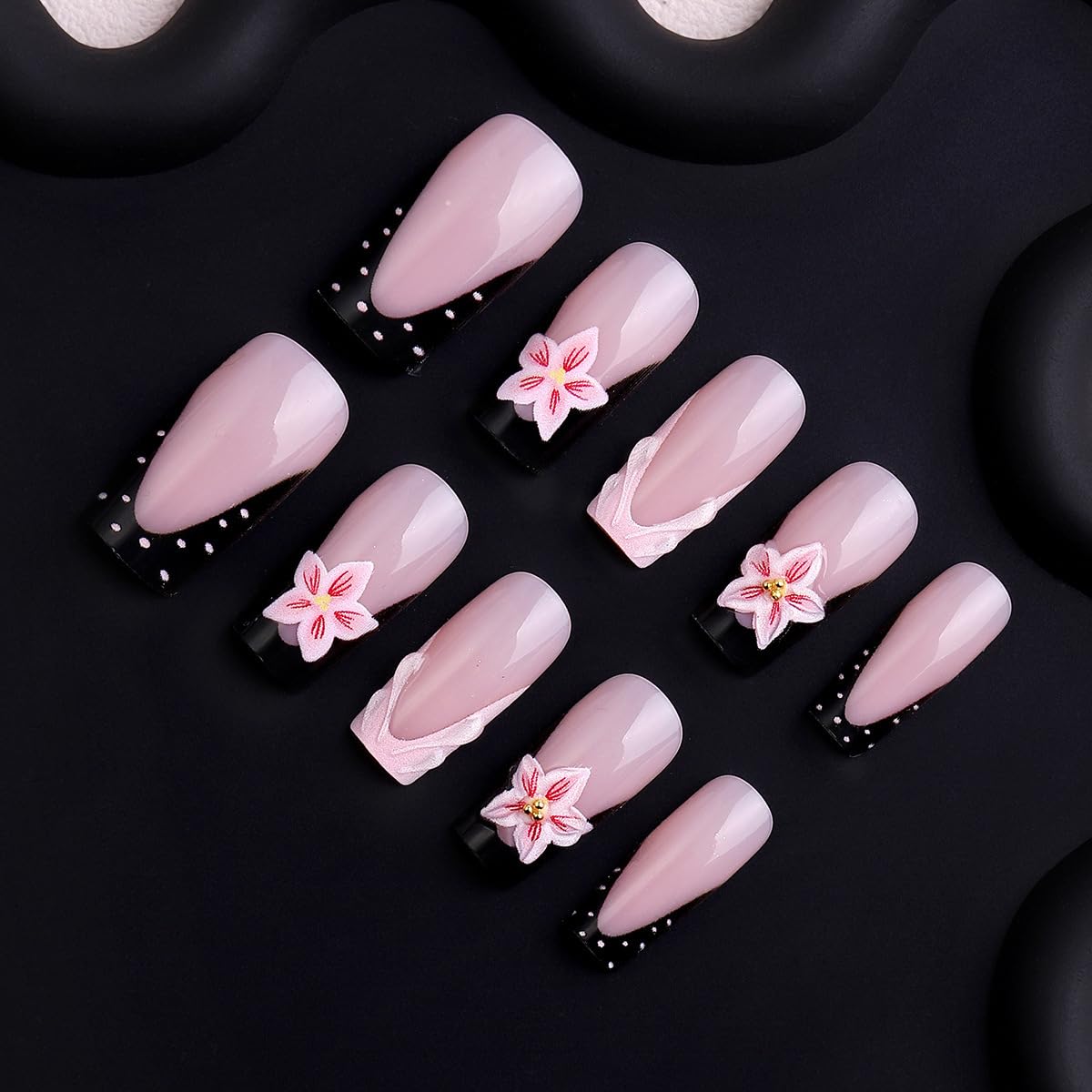 Shell French Tip Press on Nails Square Medium Fake Nails with 3D Flower Rhinestone Spot Design Full Cover Glossy Stick on False Nails for Women 24 Pcs