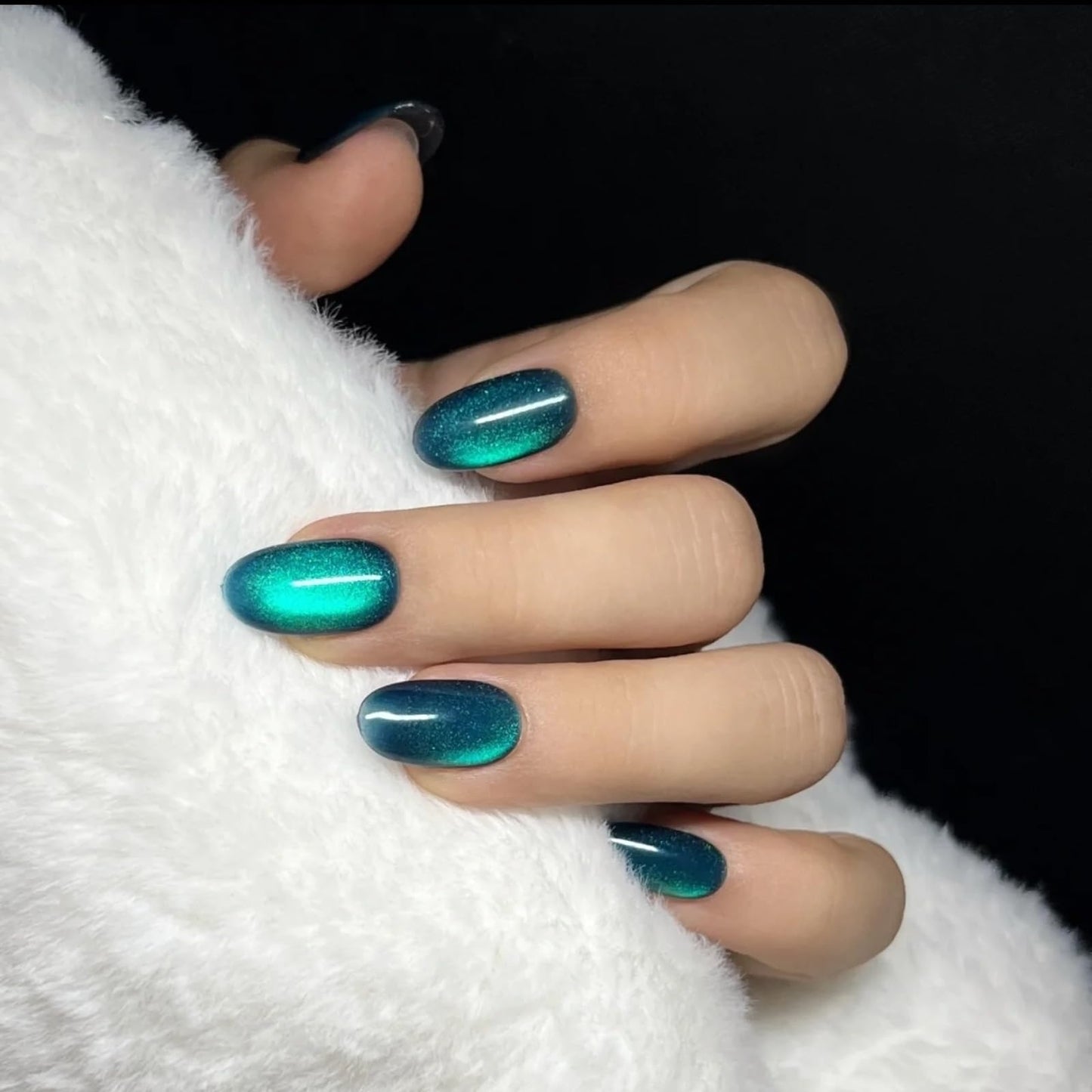 Cat Eye Press on Nails Handmade Short Oval/Square/Round False Nails with French Tip/Aurora/Magnetic Shimmer Designs (Jelly#Ice Lake, Medium)
