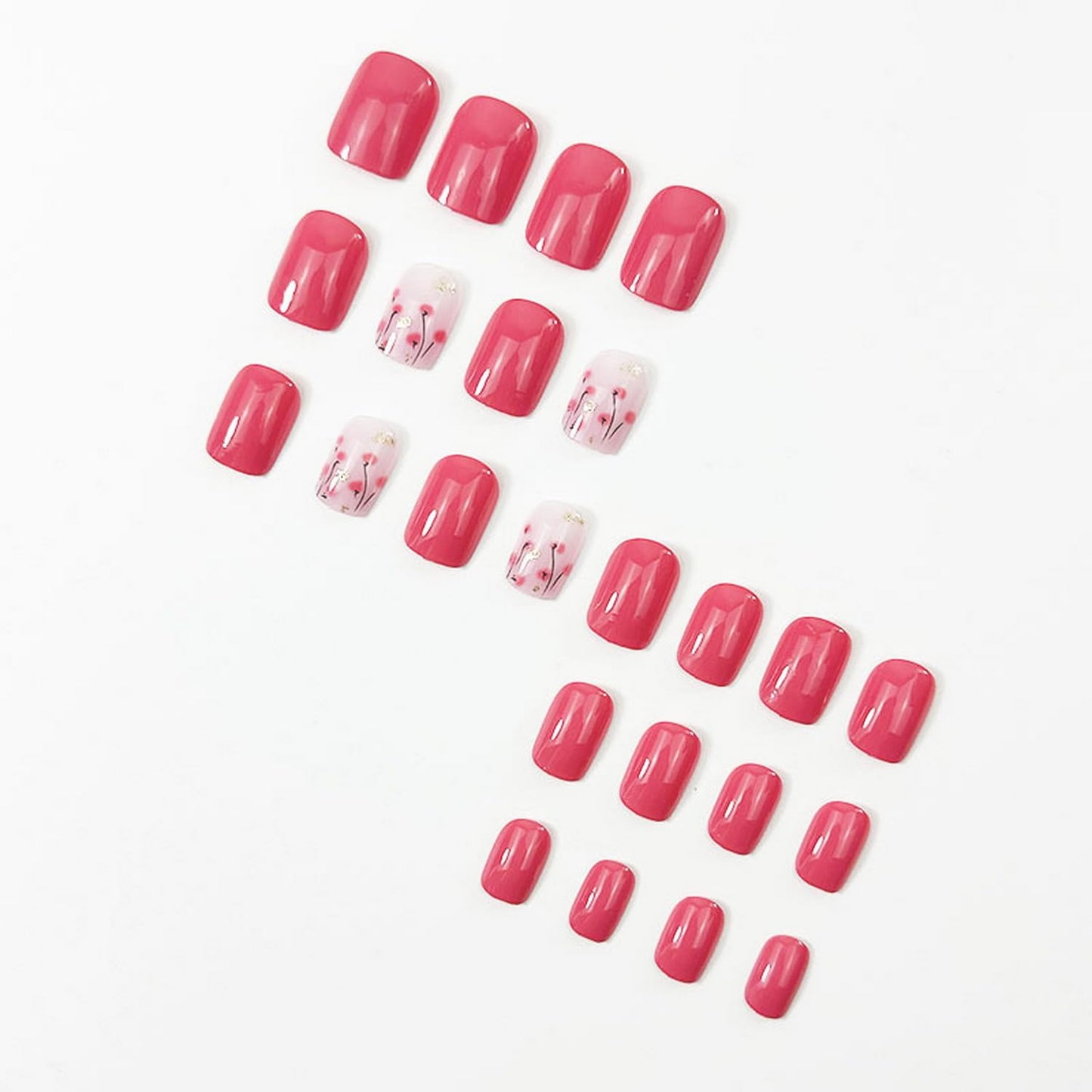 Pink Press on Nail Short Square Fake Nails with Flower designs Gold Foil Stick on Nail Glossy Acrylic Artificial Press ones Full Cover Spring Summer False Nails for Women Glue on Nails24pcs