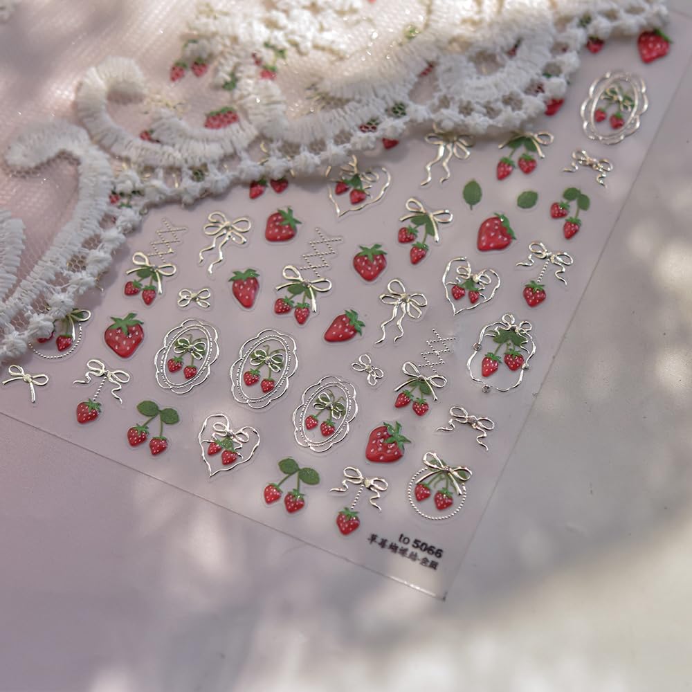 Strawberry Kiss Nail Stickers 5D Embossed – Premium Salon-Quality Nail Charm Accessories, Easy Application & Self-Adhesive Cute Berry Bowknot for DIY Manicure, Nail Art, Press on, Home or Salon Use