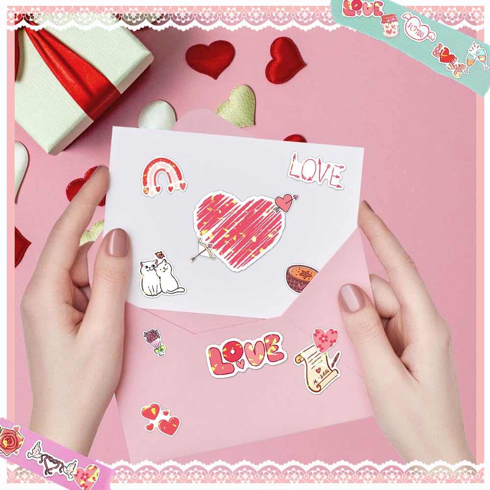 Valentines Stickers, Love Stickers, 100 PCS Holographic Valentine's Day Sticker, Pink Heart Decal Bulk, Waterproof Vinyl Sticker for Waterbottle, Scrapbooking, Envelope Card Mailbox Classroom Gift