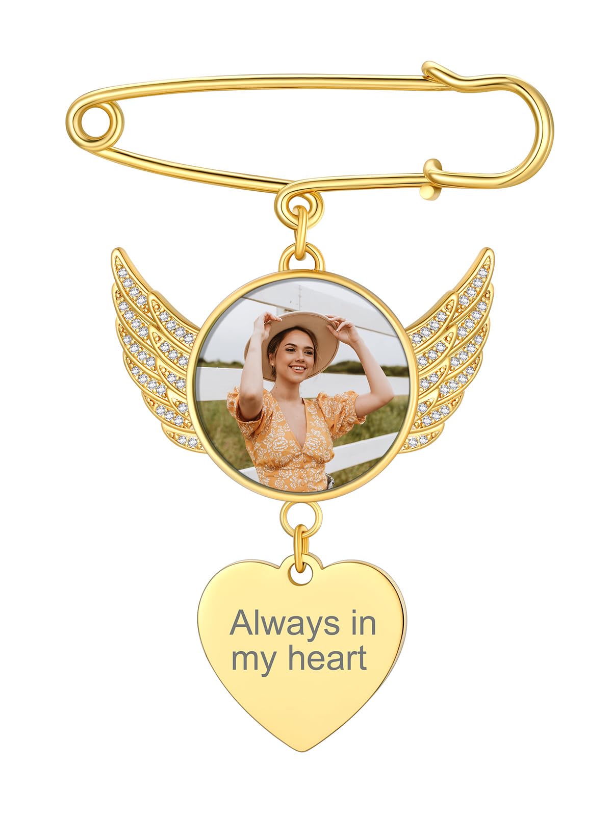 Custom4U Angel Wings Customizable Photo Pins with Name Engraving, Wedding Bouquet Brooch for Bride Groom Mother Father