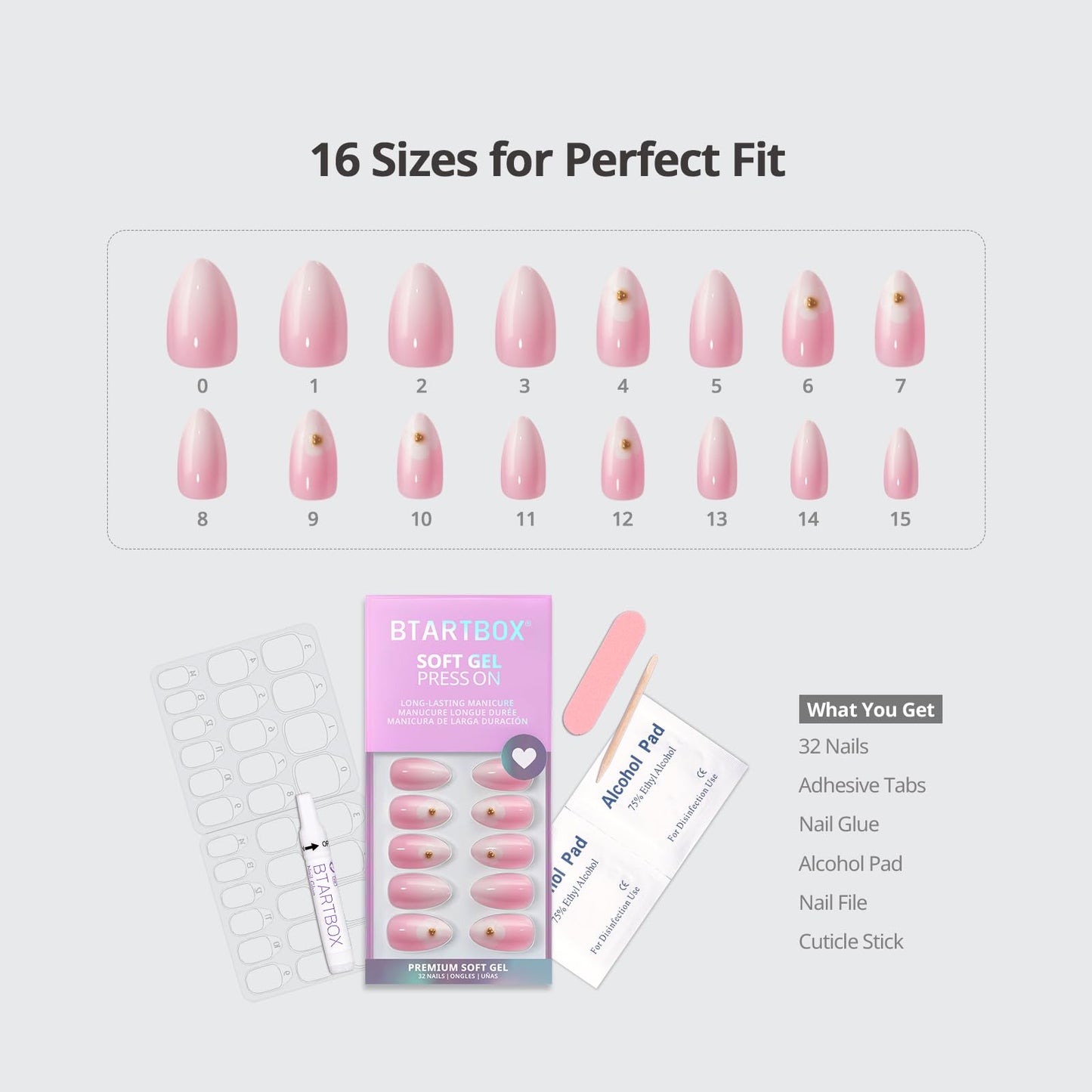 BTArtbox Press On Nails Short - Orchard Burst, Easy-to-Apply Omber Pink Almond Press On Nails with Glue and Adhesive Tabs in 16 Sizes - 32 Nails All-in-One Kit