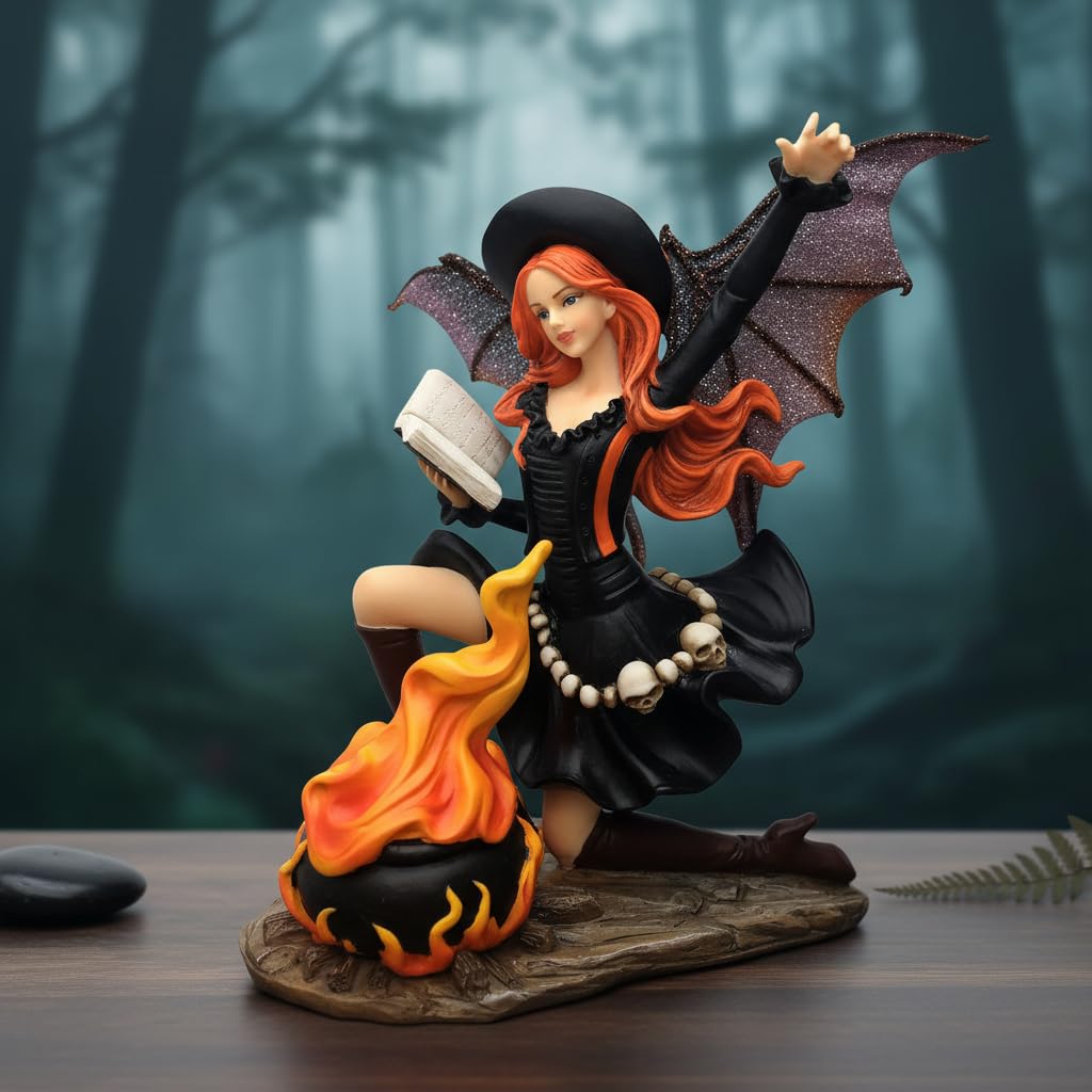 Comfy Hour 9" Gothic Fairy Witch Figurine with Owl and Cauldron, Fantasy Sorceress Reading Book Statue, Mystical Halloween Indoor Decor Accent, Polyresin Artisan Crafted Sculpture, 1 Unit