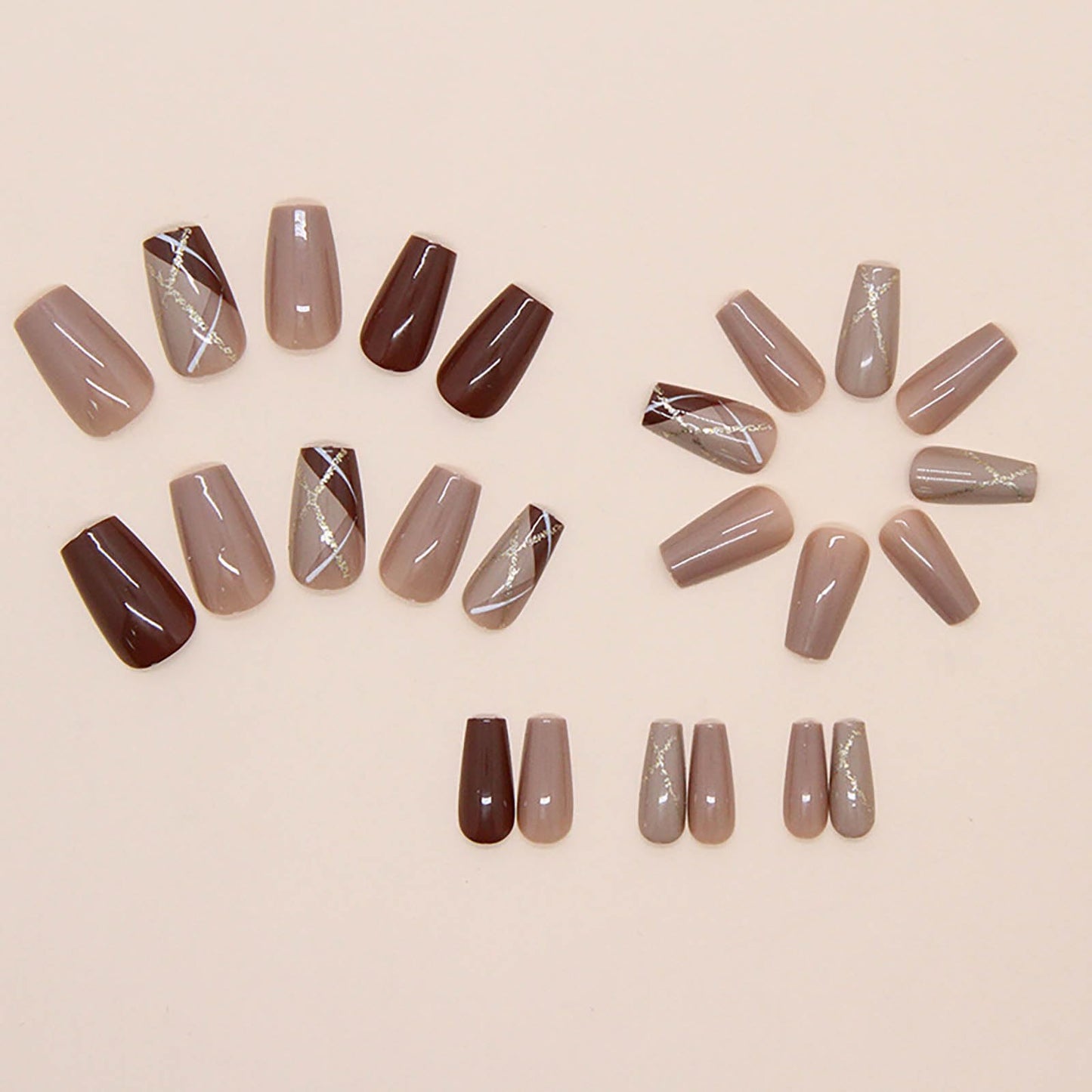 Square Press on Nails Medium Fake Nails Brown False Nails Press ons with Geometric Pattern Glitter Full Cover Acrylic Nails Stick on Nail for Women 24Pcs