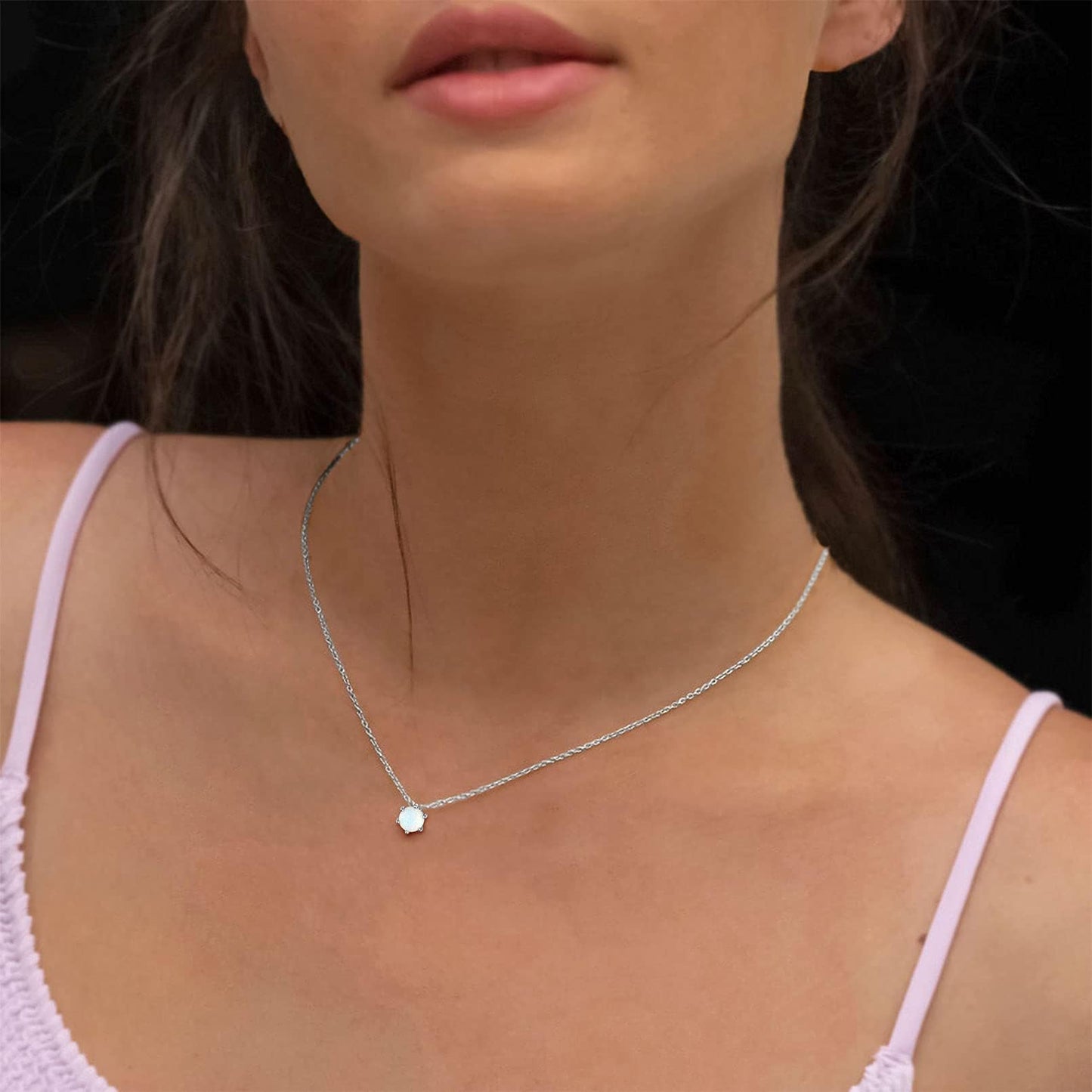 ChicSilver Created Opal Necklace 925 Sterling Silver Round Cut Gemstone Solitaire Pendant Necklace October Birthstone Jewelry for Women