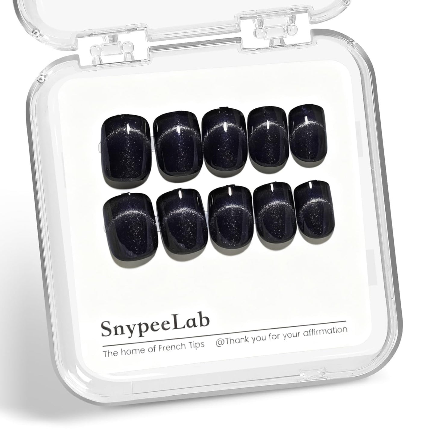 SnypeeLab Black Cat Eye Press on Nails Short Square, French Tip Short Square Glue on Nails for Women Gift, Reusable Soft Gel Press on Acrylic Nail with Designs 24Pcs(Black Silver)