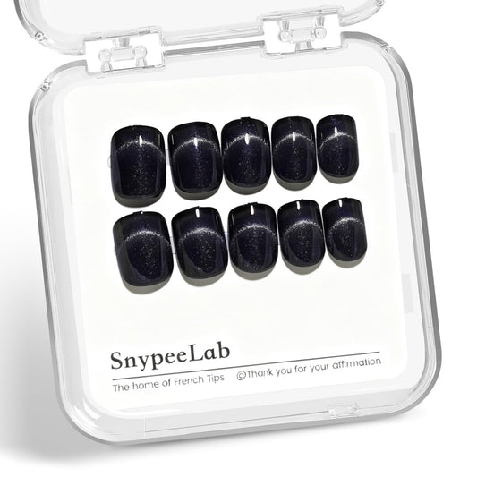 SnypeeLab Black Cat Eye Press on Nails Short Square, French Tip Short Square Glue on Nails for Women Gift, Reusable Soft Gel Press on Acrylic Nail with Designs 24Pcs(Black Silver)