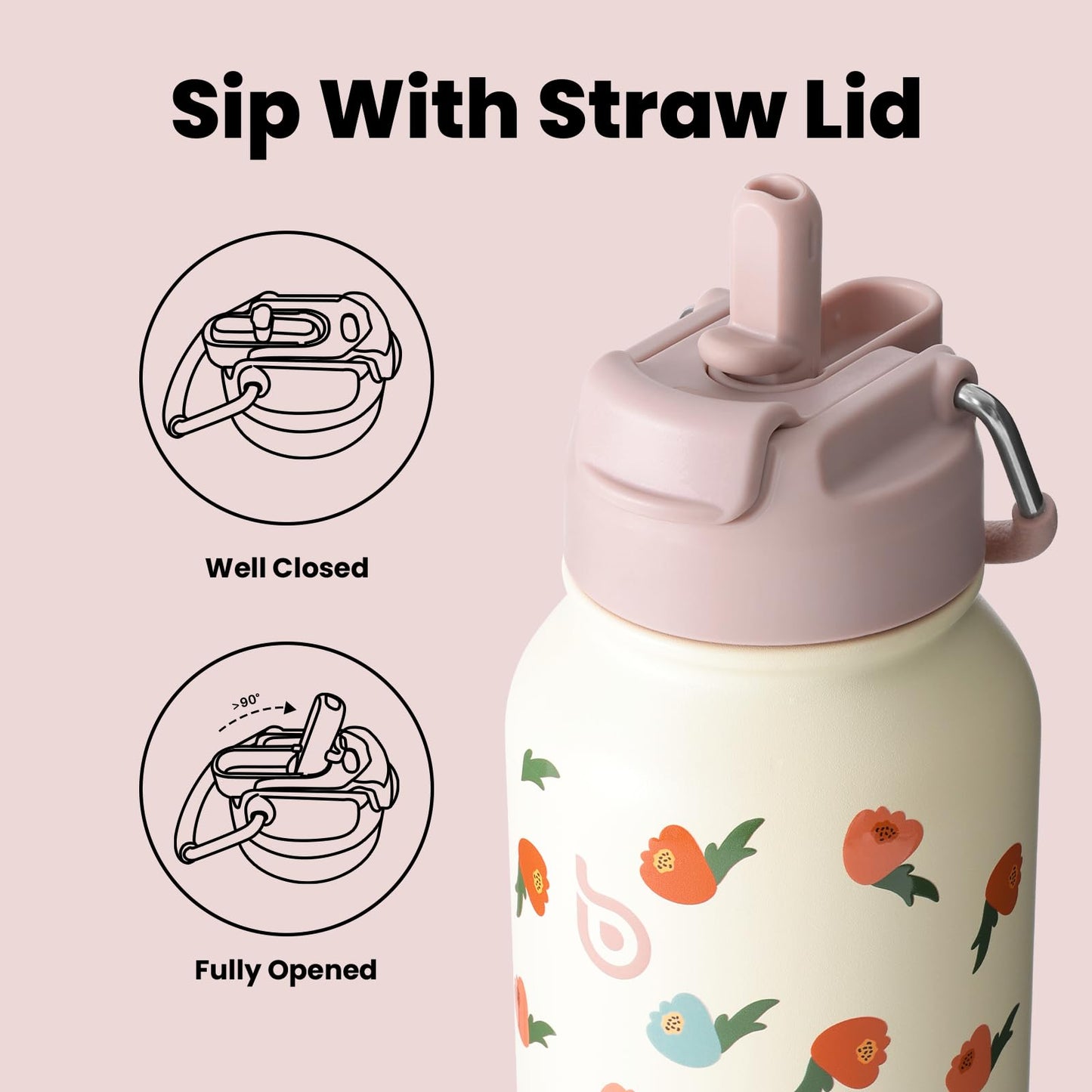 BOTTLE BOTTLE 32oz Insulated Water Bottle Stainless Steel Sport Water Bottle with Straw Dual-use Lid Design for Gym with Pill Box (Buds Rain)