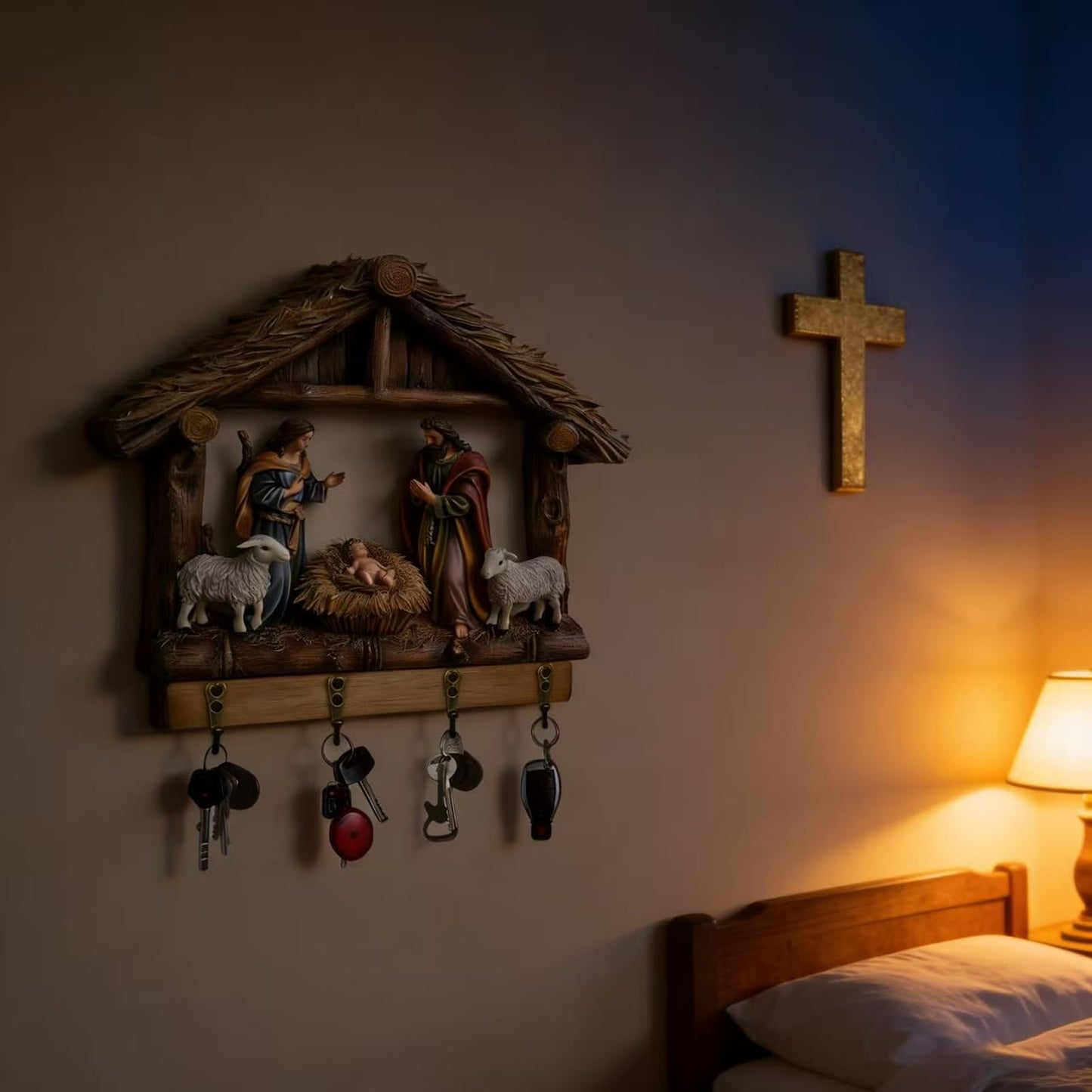 Wall-Mounted Nativity Scene Key Holder, 2D Holy Family and Baby Jesus Manger Wall Hooks (4 Hooks), Religious Christian Home Decor Key Rack Organizer for Entryway, Christmas Religious Gifts