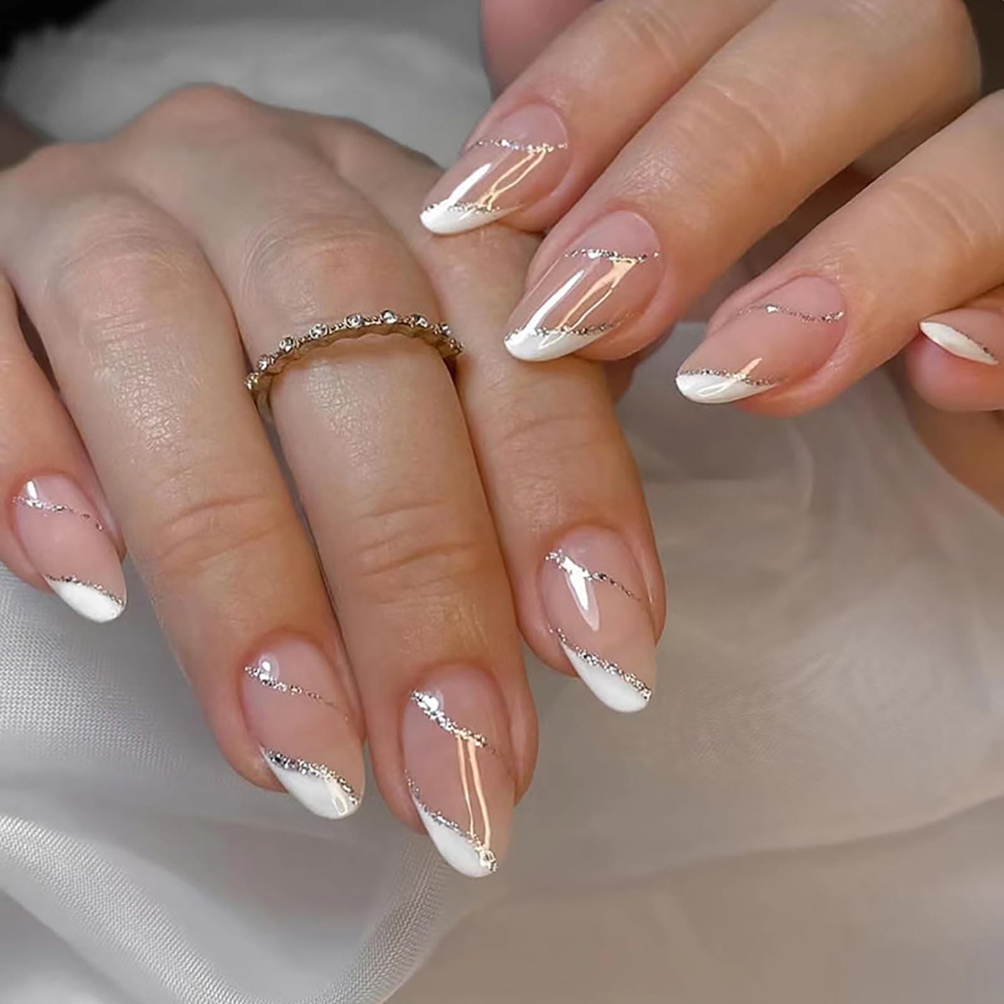 French Tip Press on Nails With Designs Medium Almond Fake Nails Nude Pink White Nails Press ons Acrylic Nails False Glossy Cute Full Cover Artificial Stick on Nails for Women Girls 24 Pcs